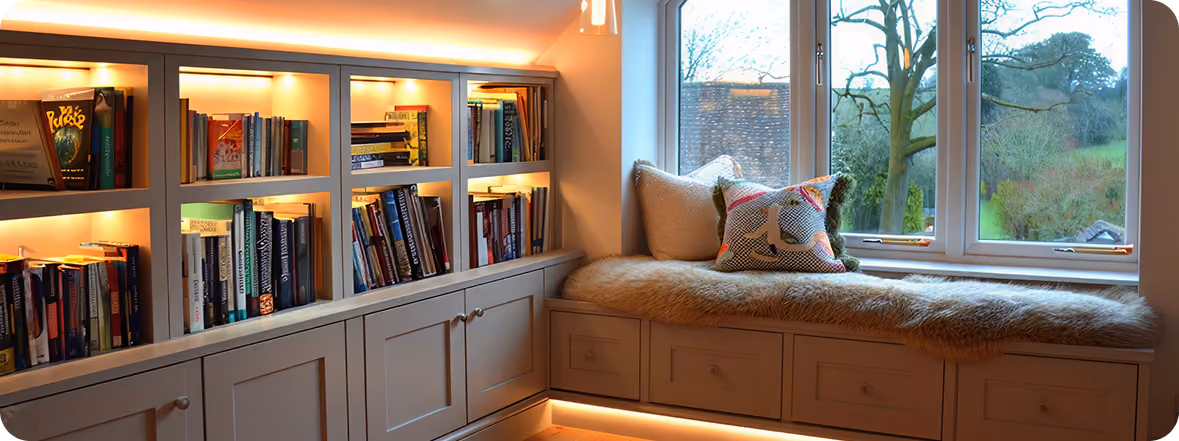 Wall-length bookcase cabinetry with recessed lighting