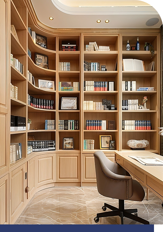 Round bookshelf cabinetry with built-in desk and chair