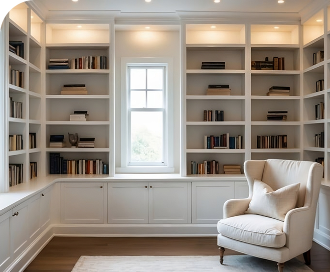 Bright library cabinetry with window seat and bookshelves