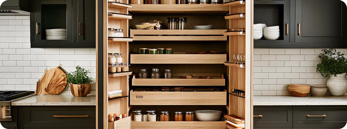 Kitchen backsplash with custom open shelving and range hood