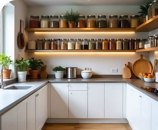 Corner pantry cabinetry with open wood shelves and jars