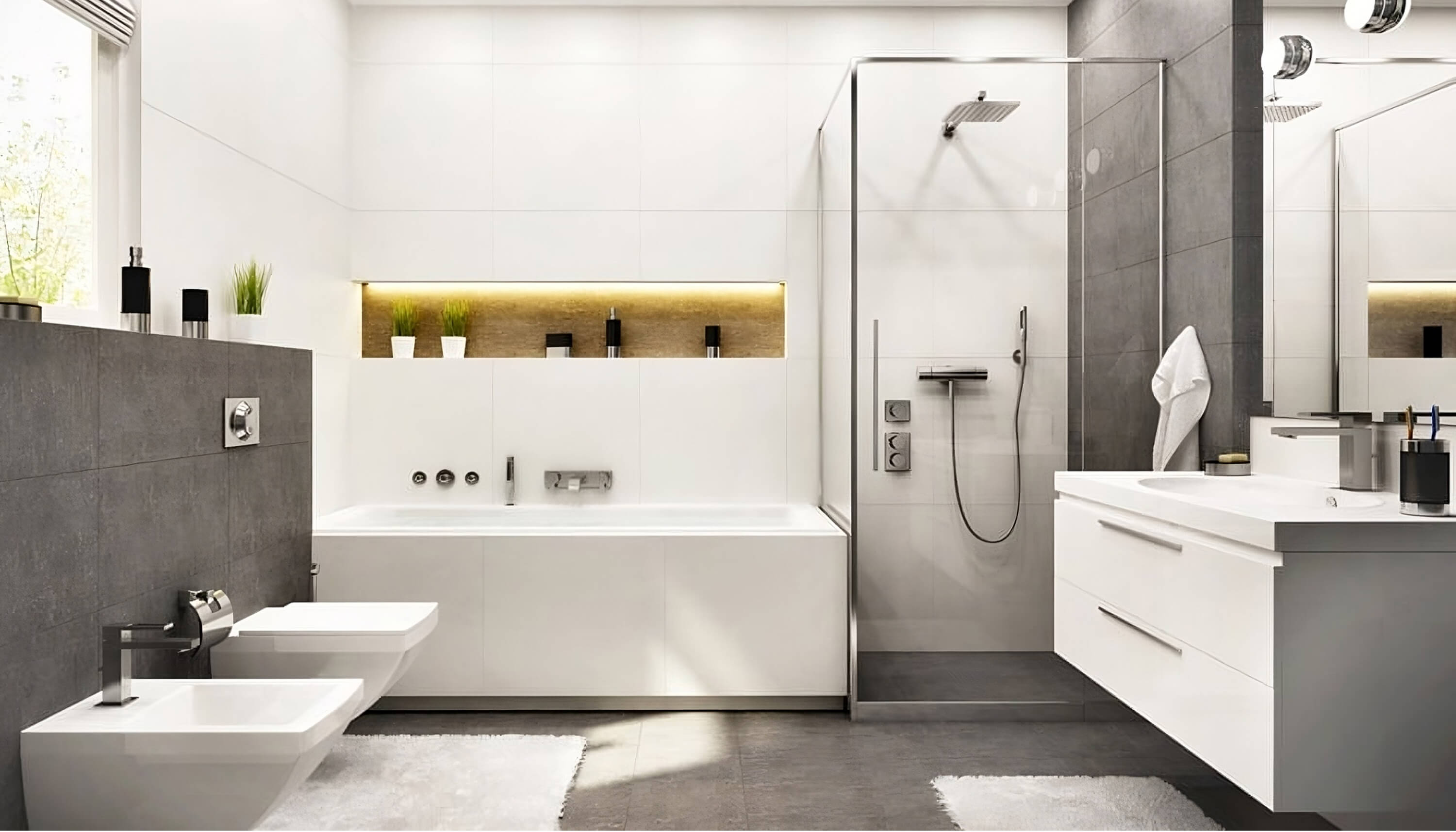 Bathroom with floating vanity, lighting, and tile backsplash