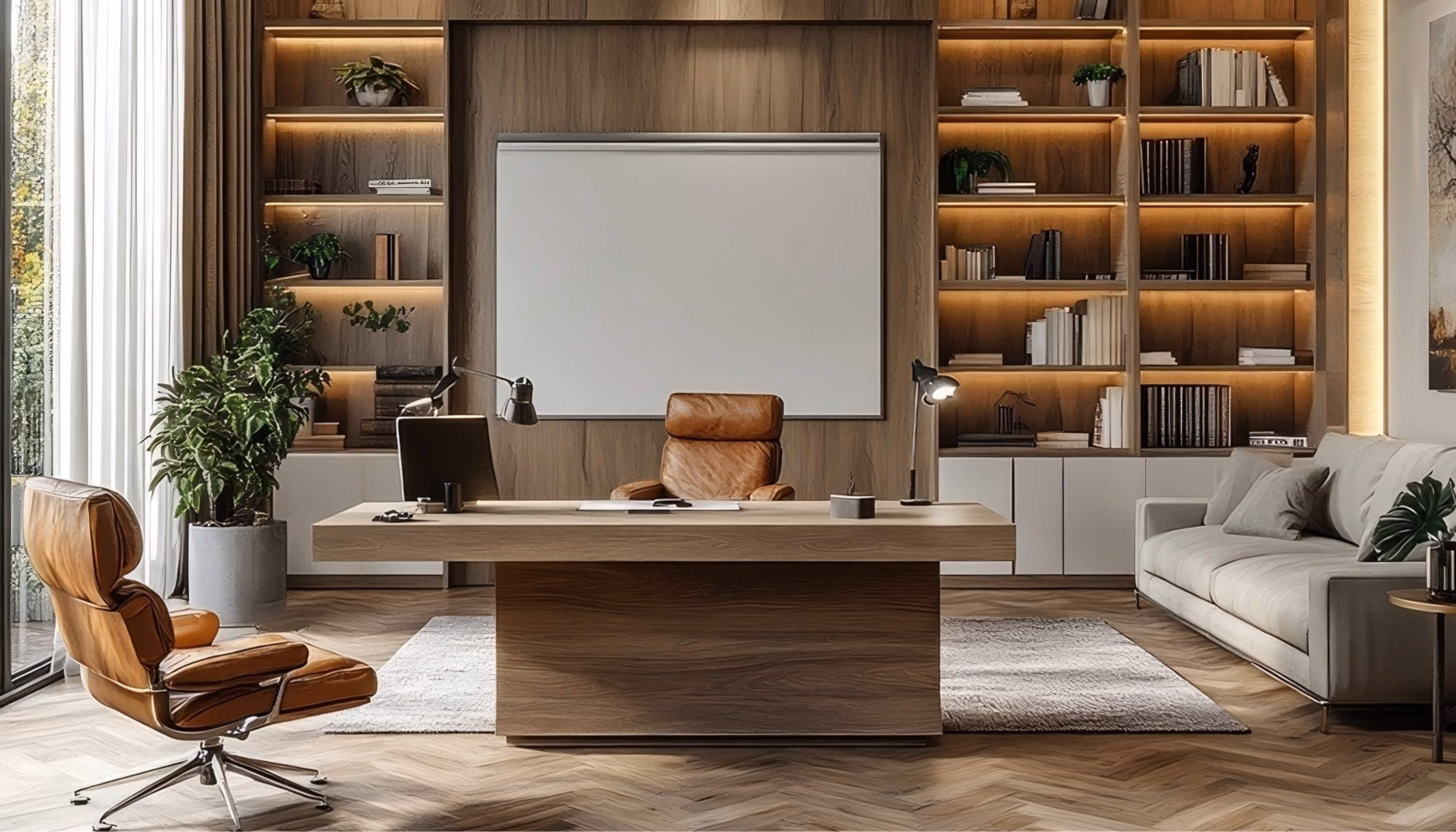Executive home office with dark wood built-in cabinetry