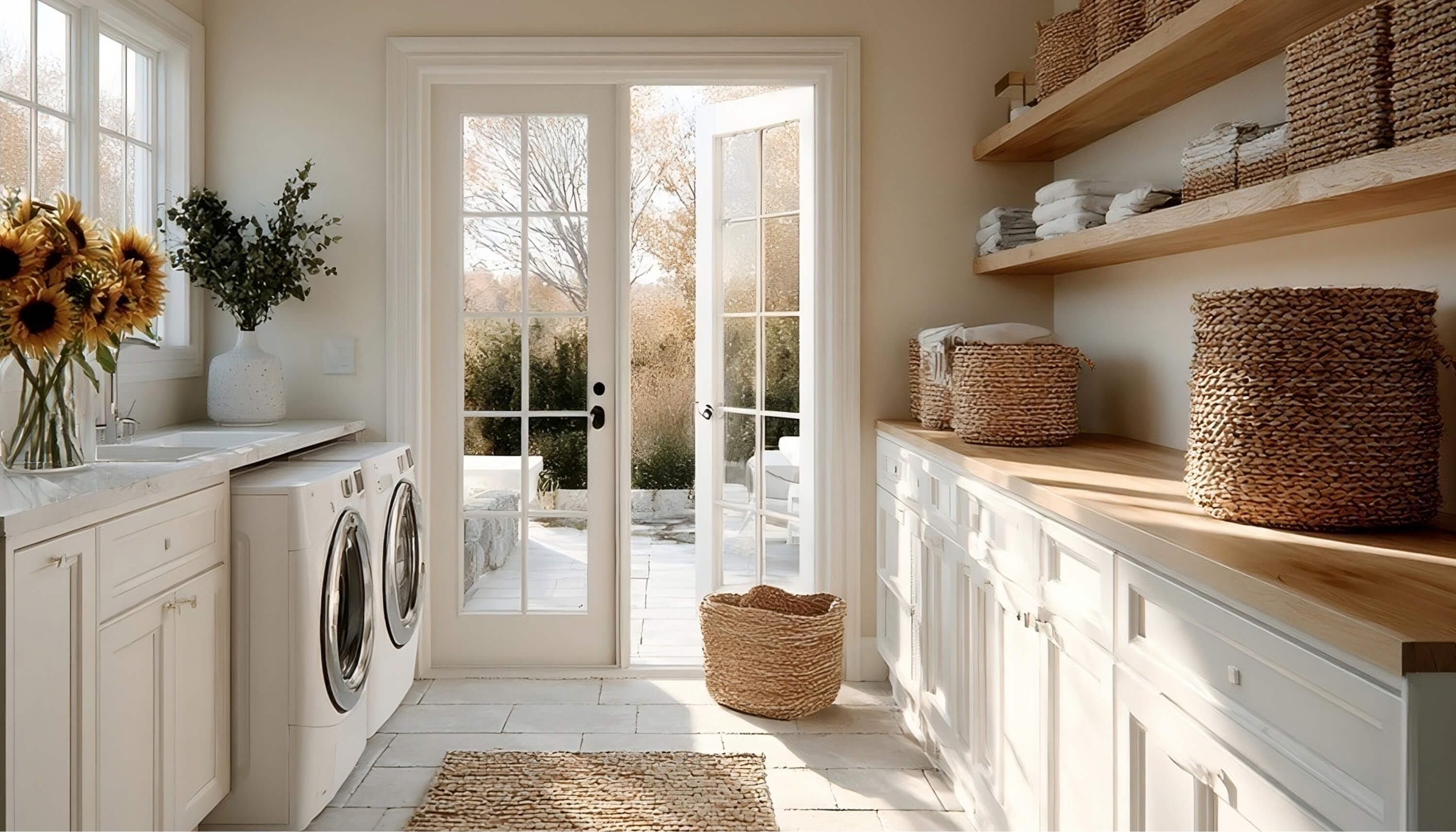 Laundry room cabinetry with shaker doors and natural light
