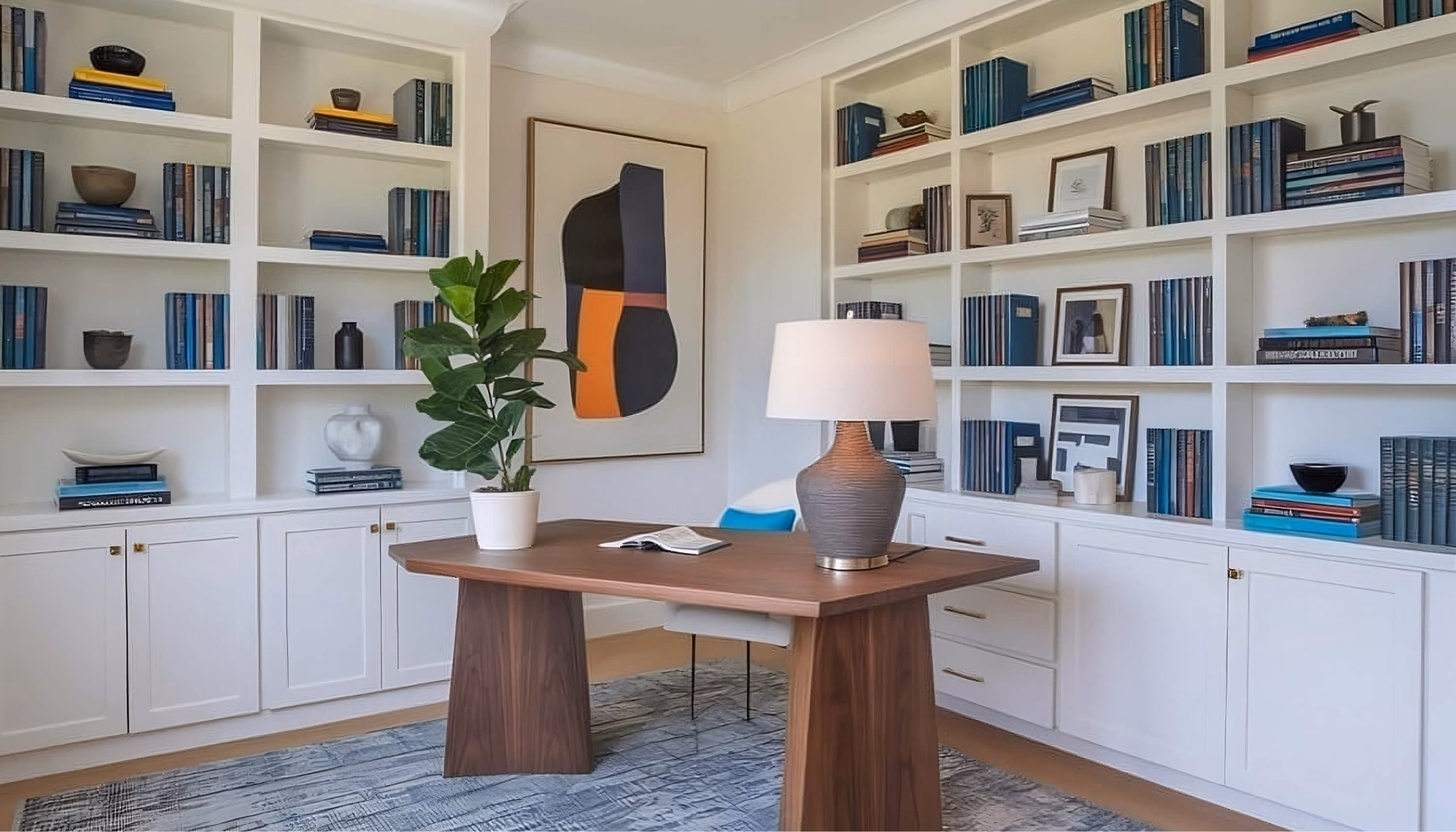 Built-in home office cabinetry with desk and bookshelves