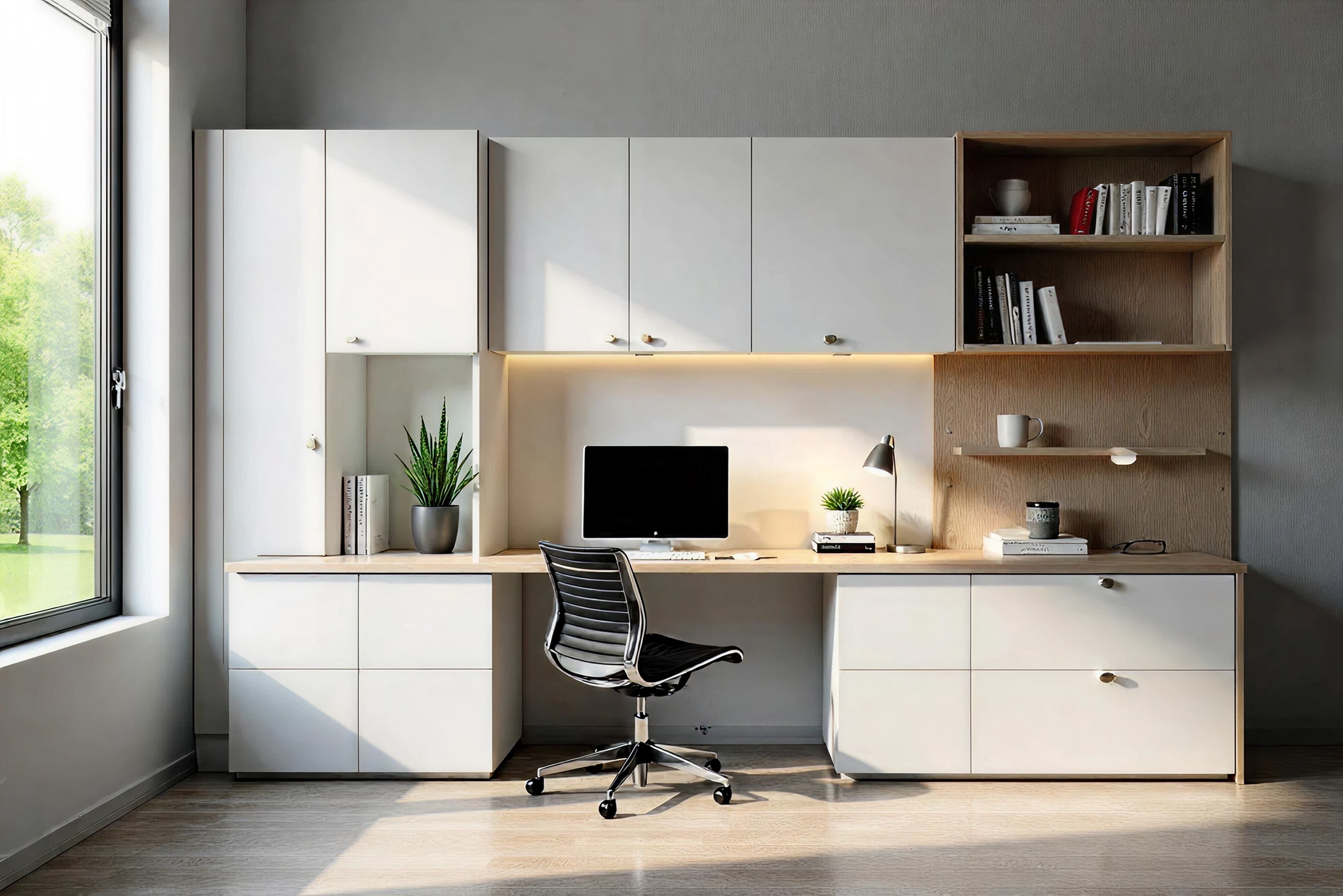Compact office setup with white custom cabinetry and shelving
