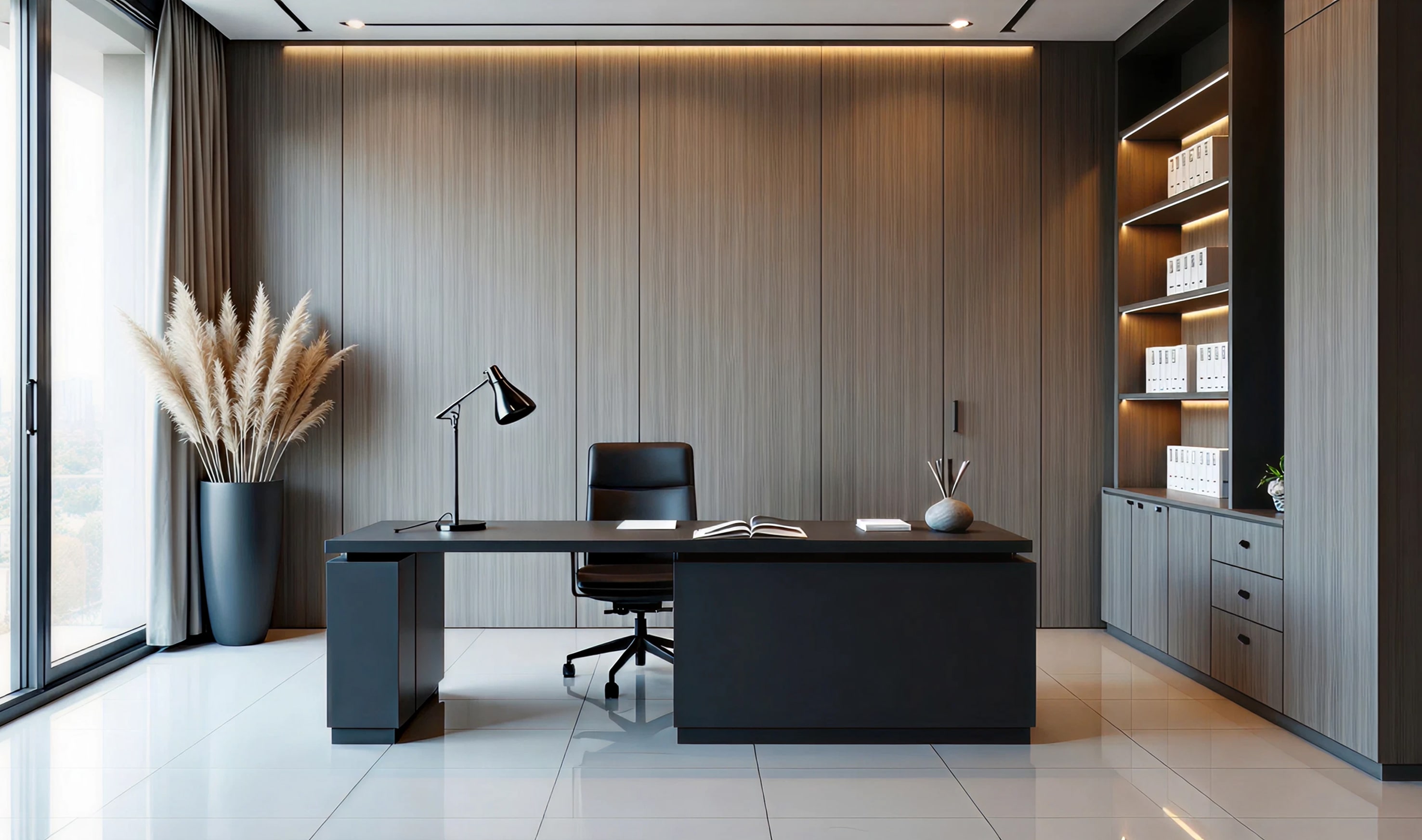 Home workspace with open shelves and custom storage units