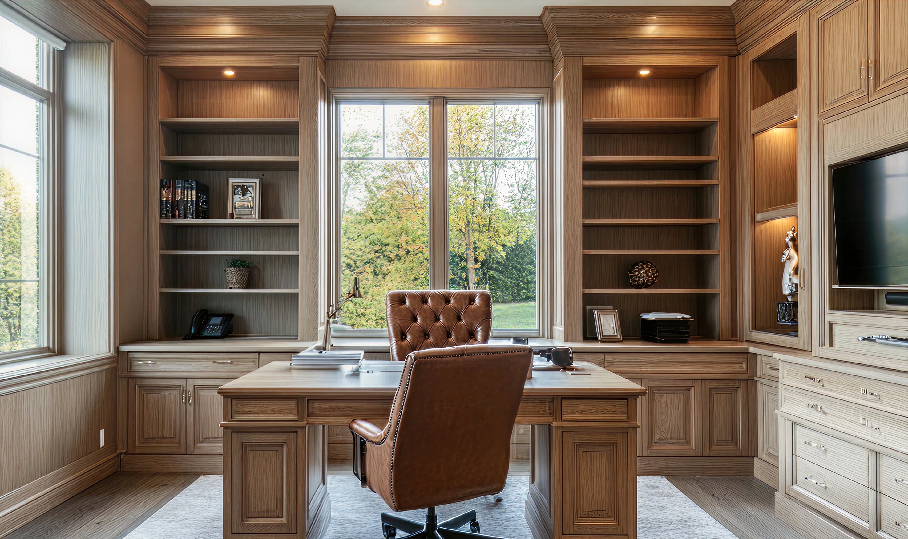 Executive office with storage cabinetry and meeting table
