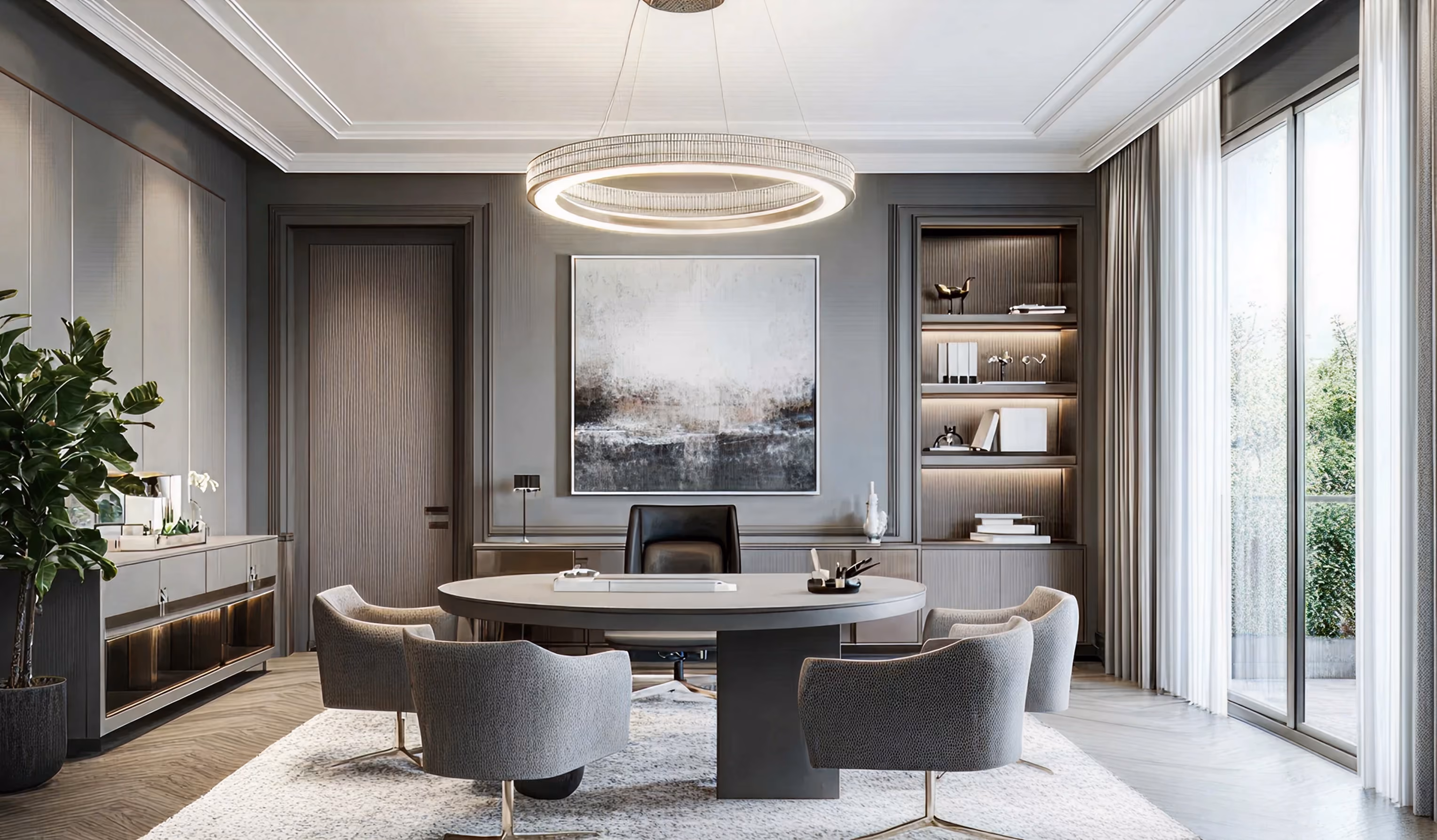 Custom home office with built-in cabinets and coffered ceiling