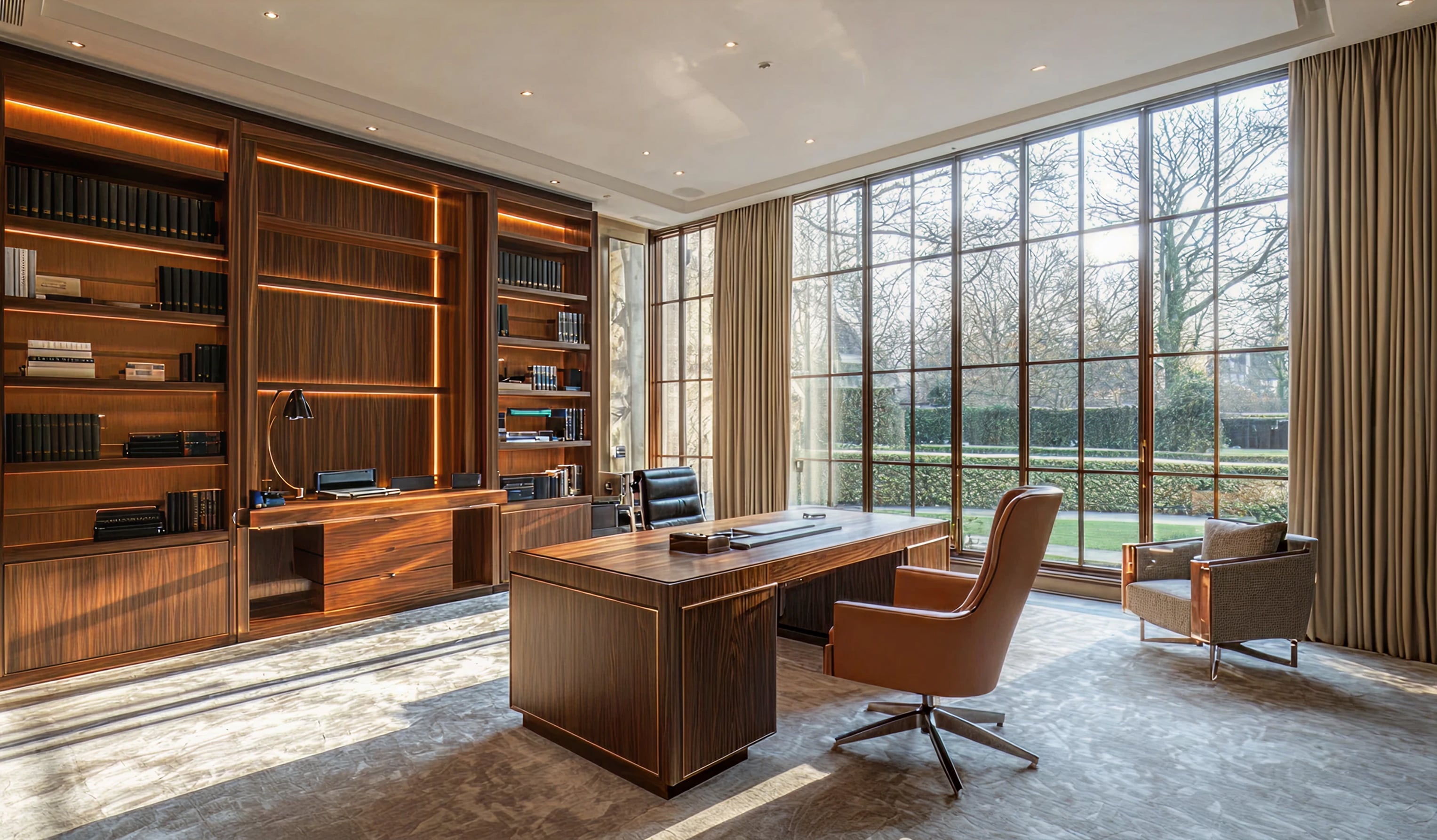 Office with warm wood cabinetry and full-height bookshelves