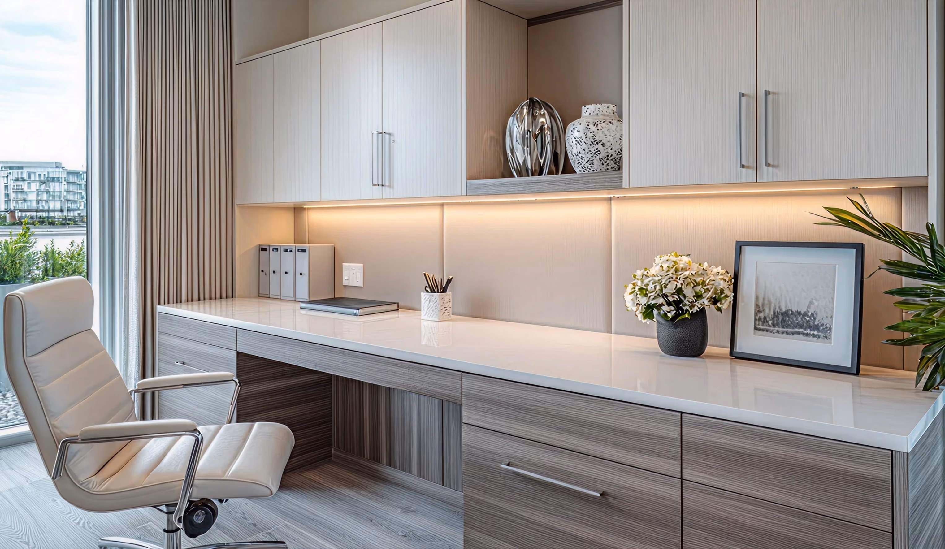 Modern home office with custom wall cabinetry and desk