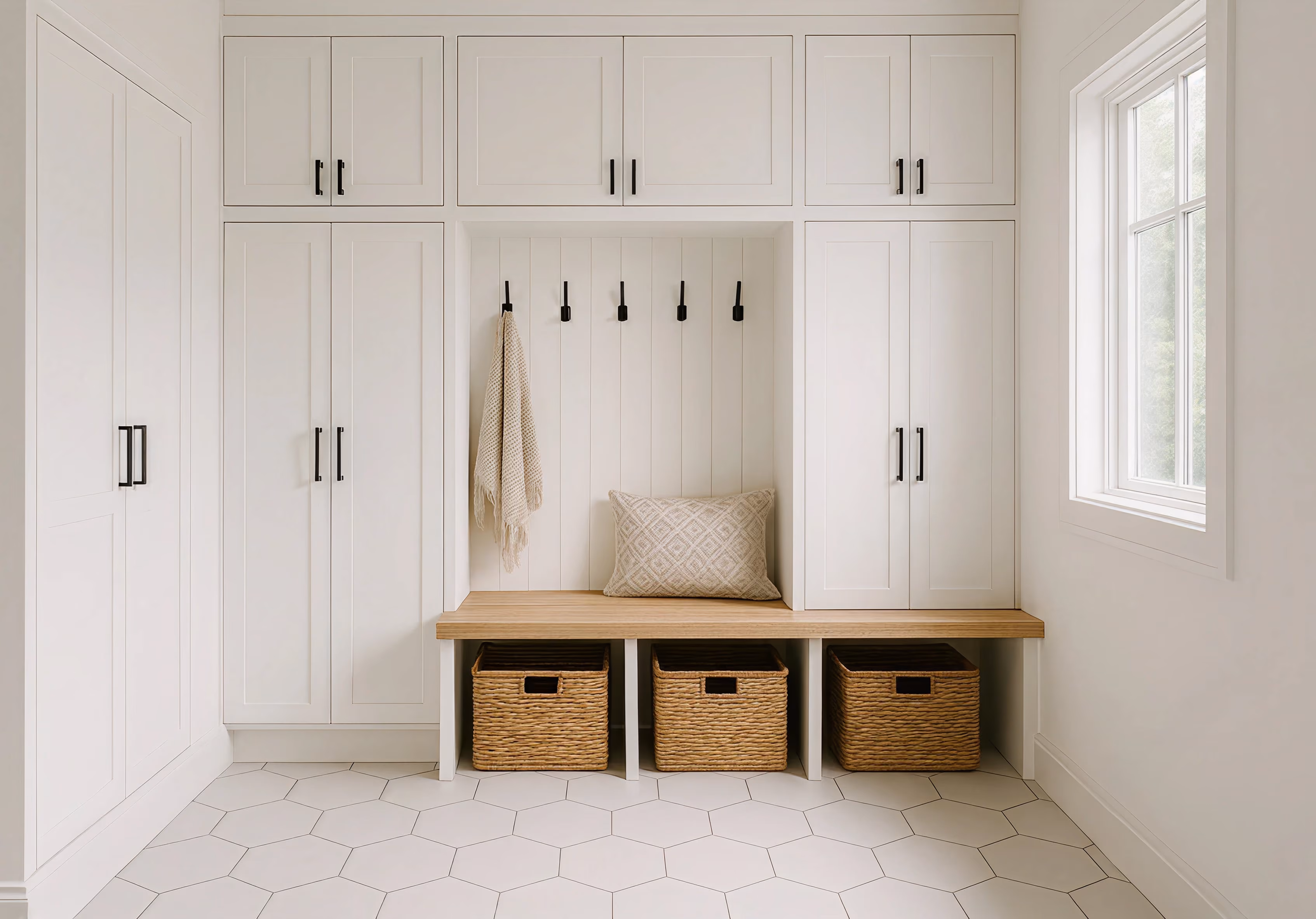 White mudroom cabinets with upper storage and drawers