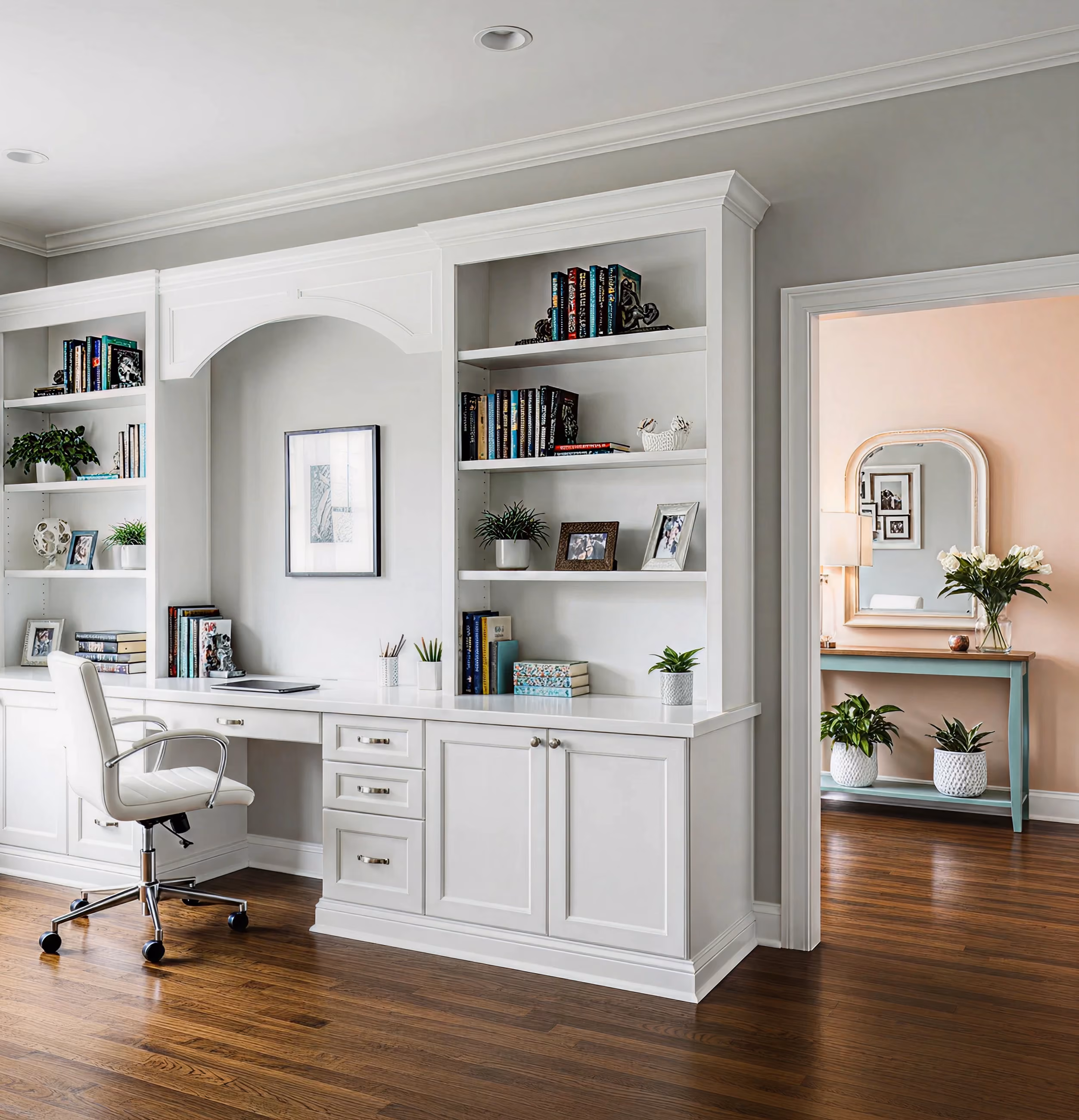 Home library with arched custom shelving and cabinets