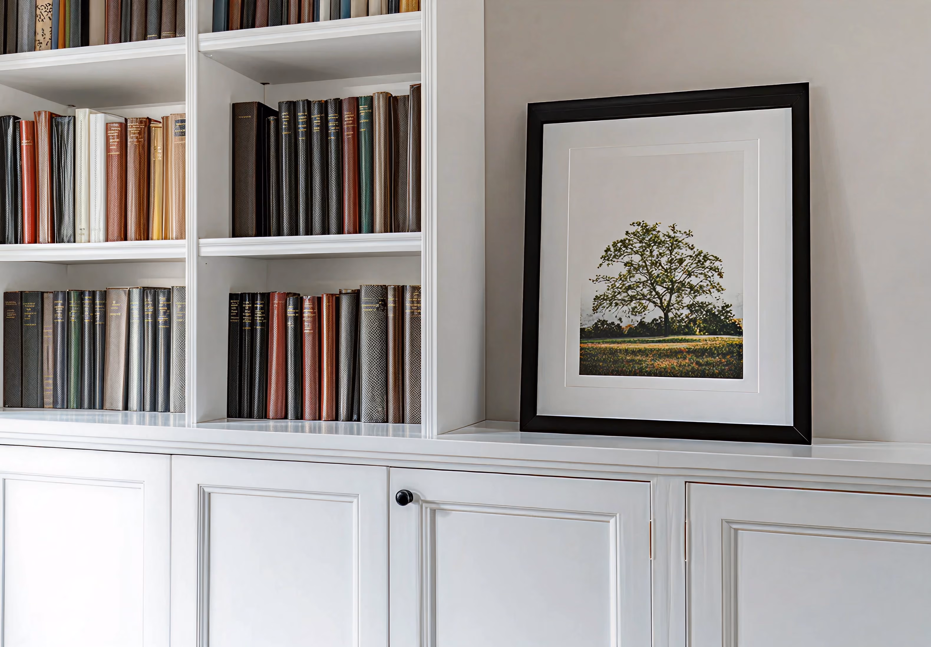 Built-in bookcase with decorative cabinet doors
