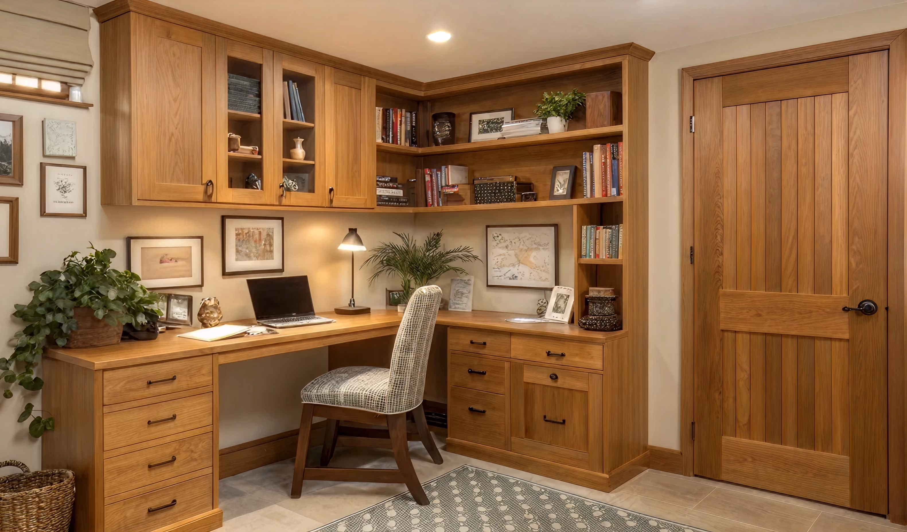 Built-in bookcase with decorative cabinet doors