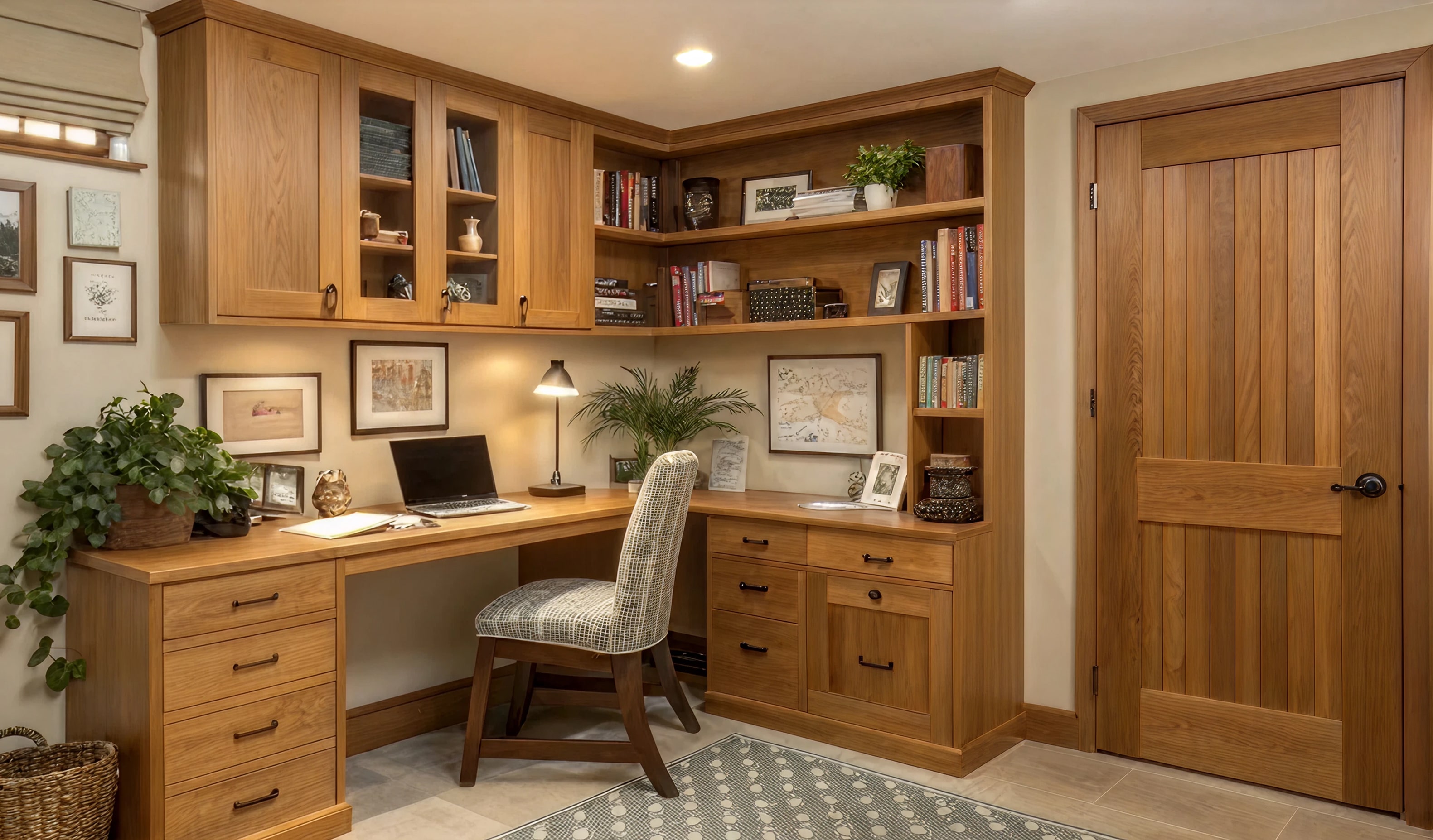 Built-in bookcase with decorative cabinet doors