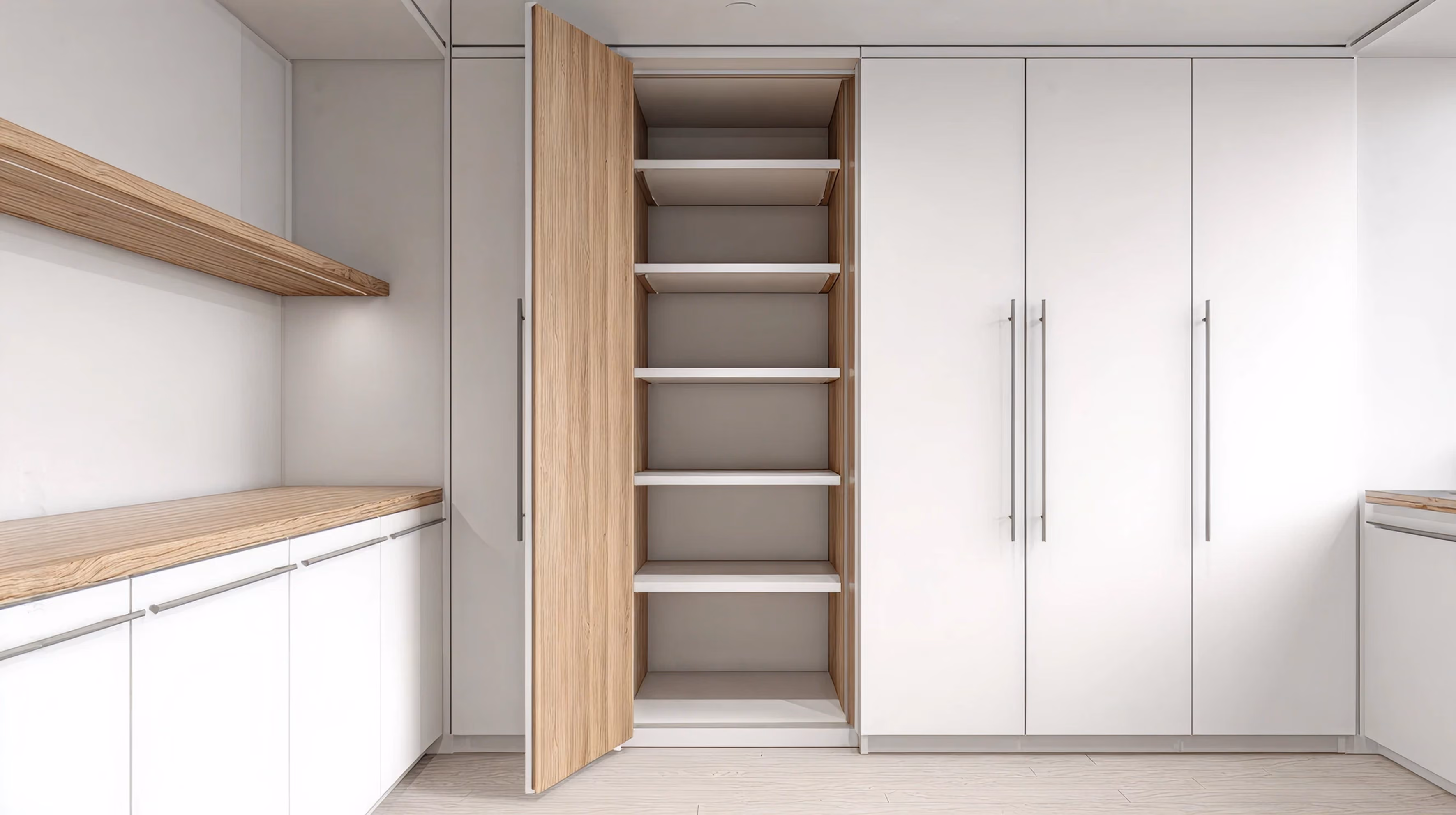Custom pantry with vertical storage and built-in drawers