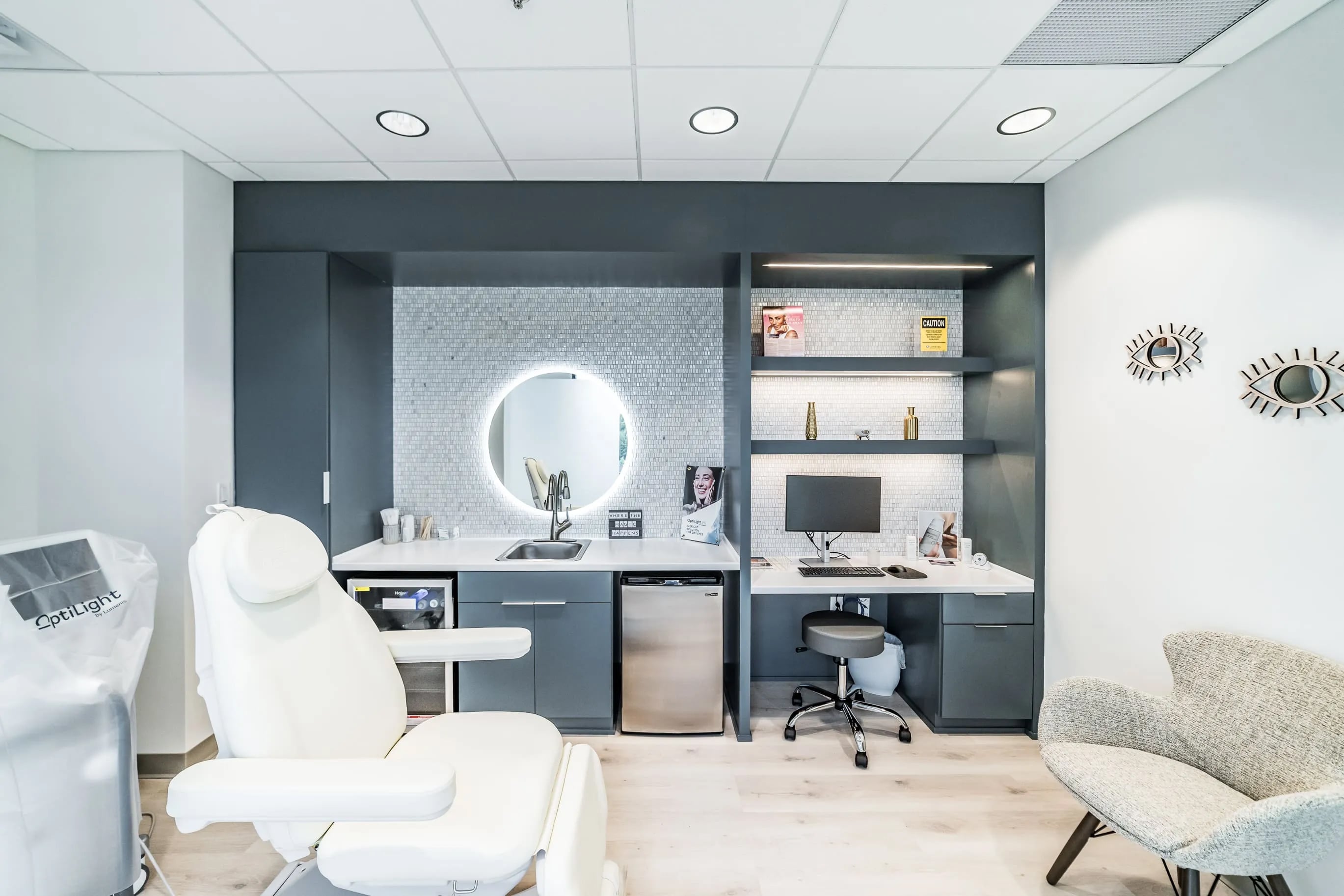 Boutique display with custom cabinets and open shelves