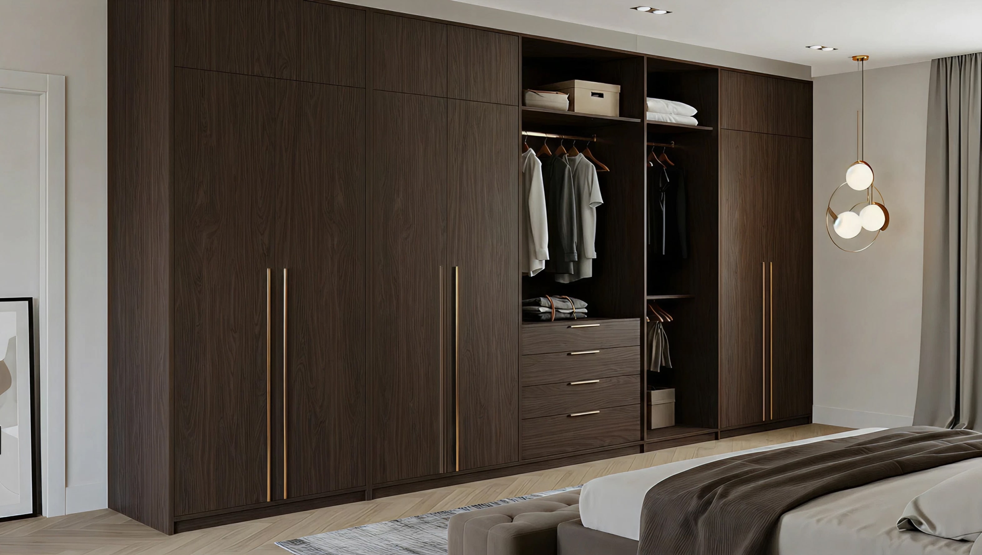 Closet cabinetry with dark wood drawers and open shelves