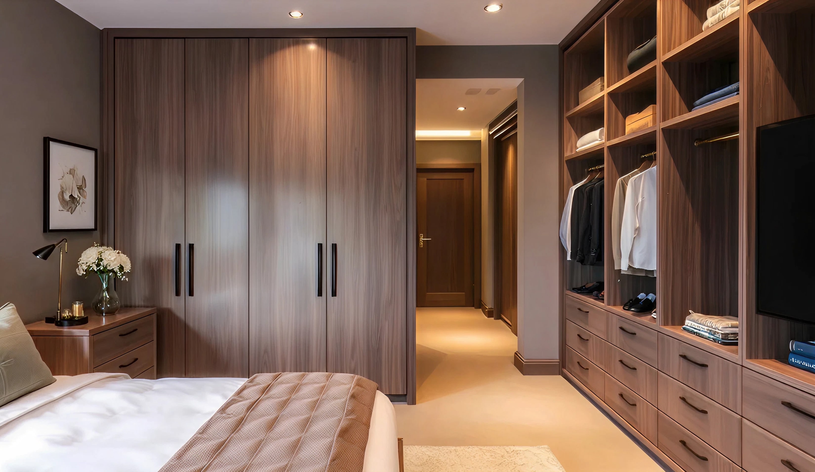 Custom closet cabinets with full-height shelving and island