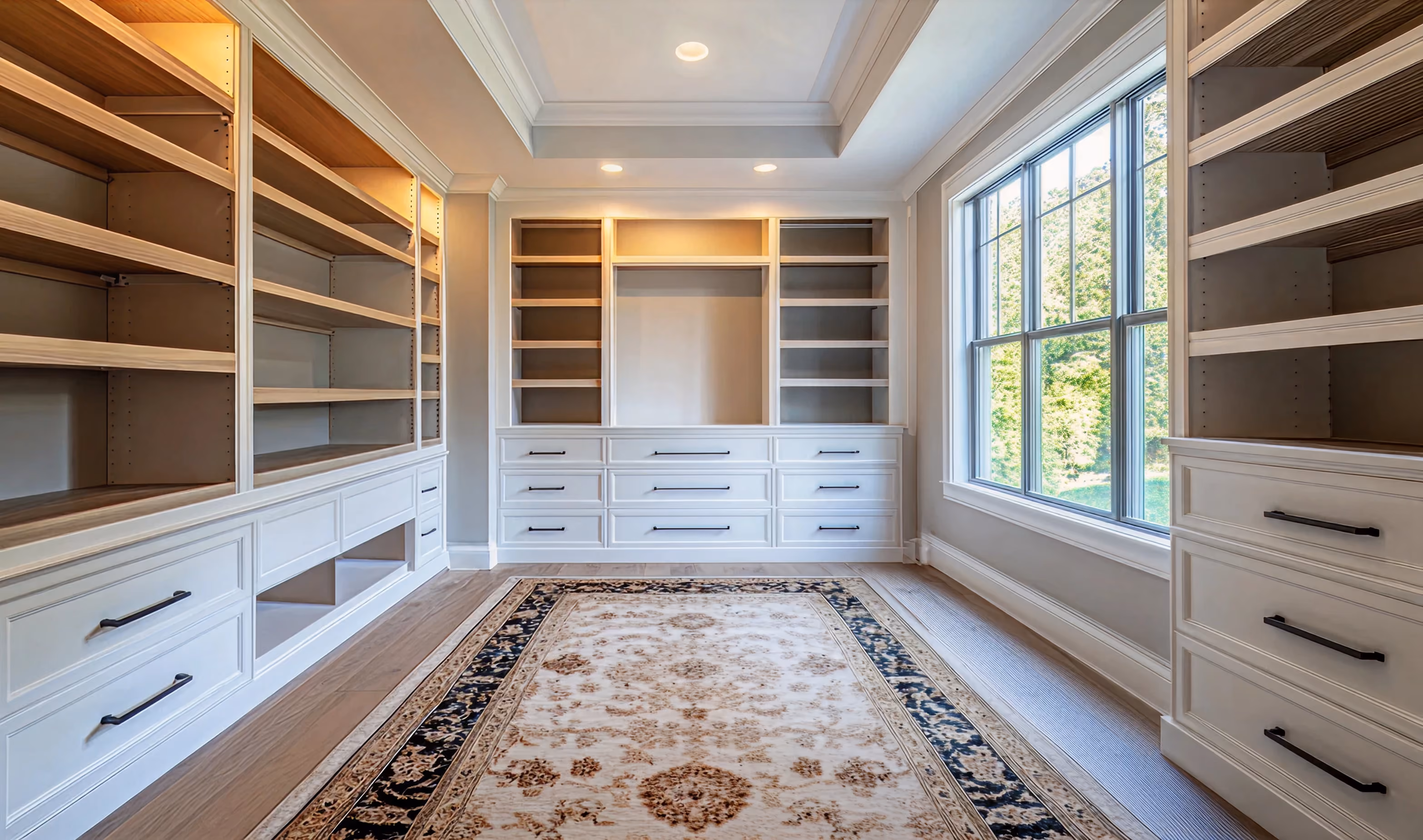 Walk-in closet with white cabinetry and island storage