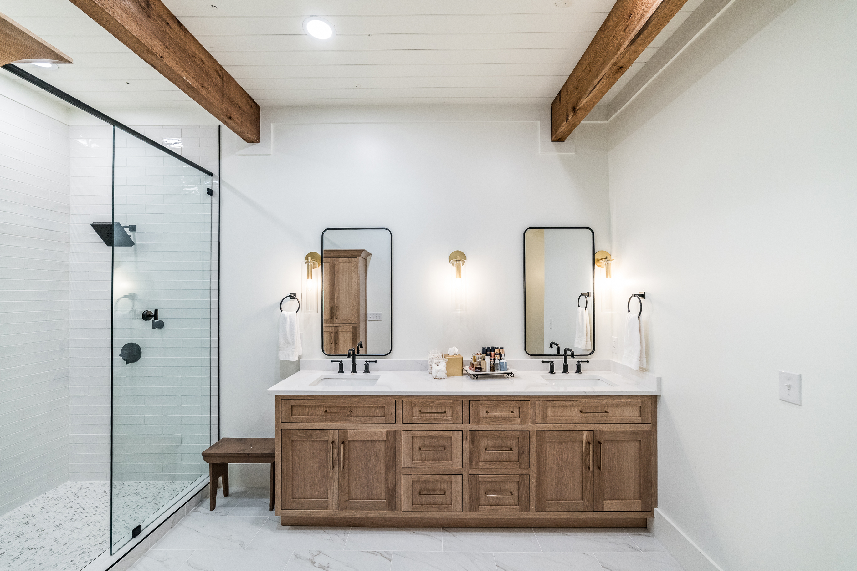 Built-in cabinet wall with pegboard and closed storage