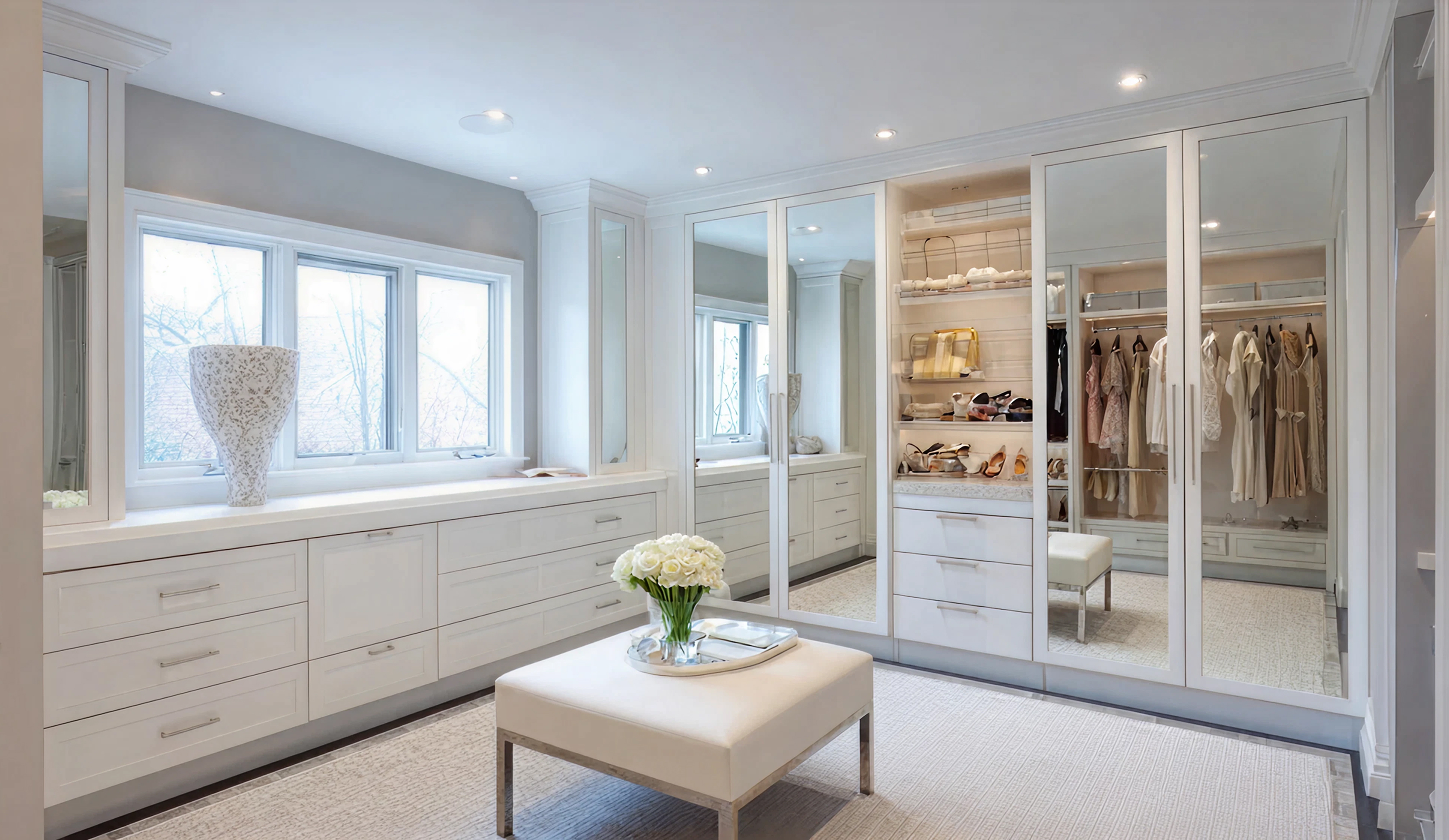 Bright walk-in closet with built-in drawers and hanging space