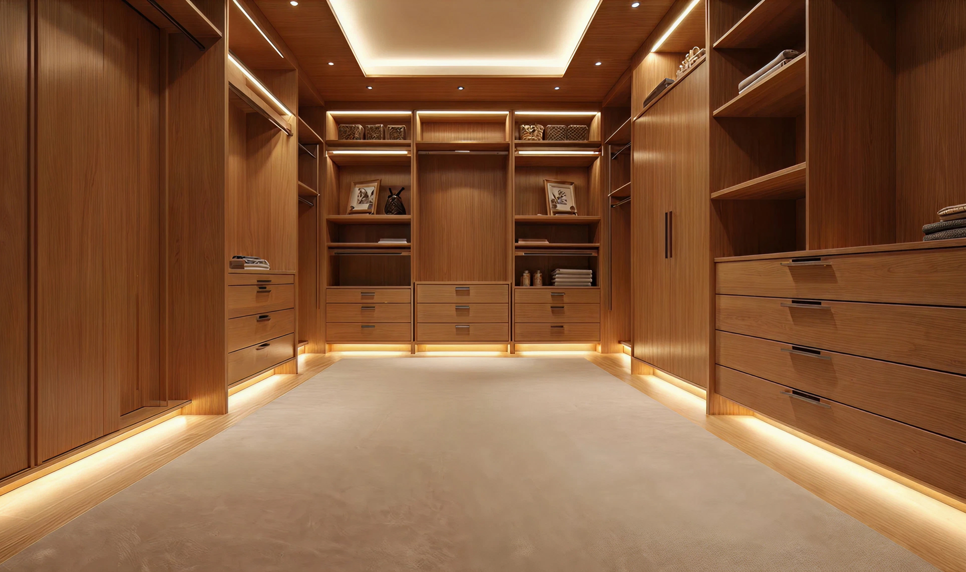 Luxury closet with custom wood cabinets and recessed lighting