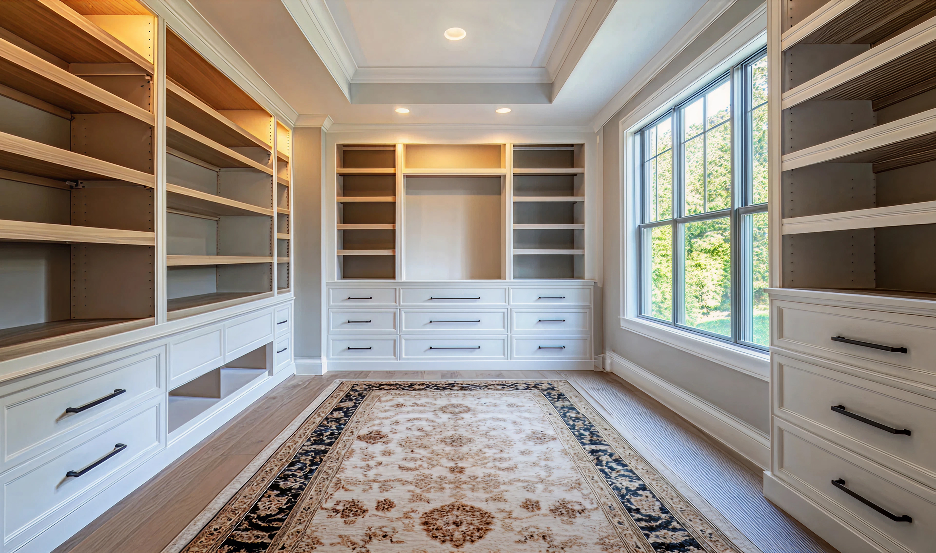 Spacious walk-in closet with custom cabinetry and drawers