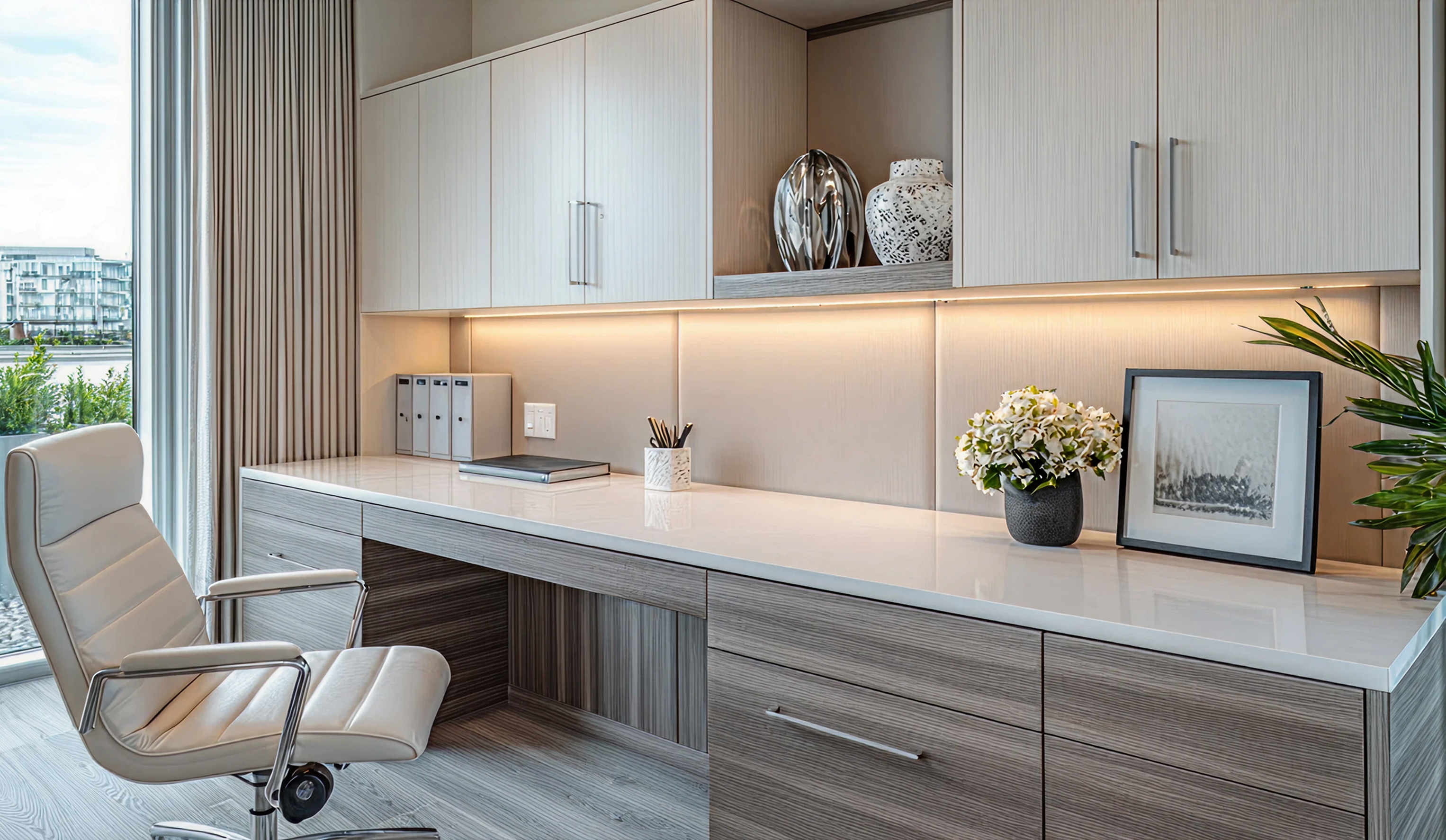 Minimalist custom cabinets in neutral-toned kitchen
