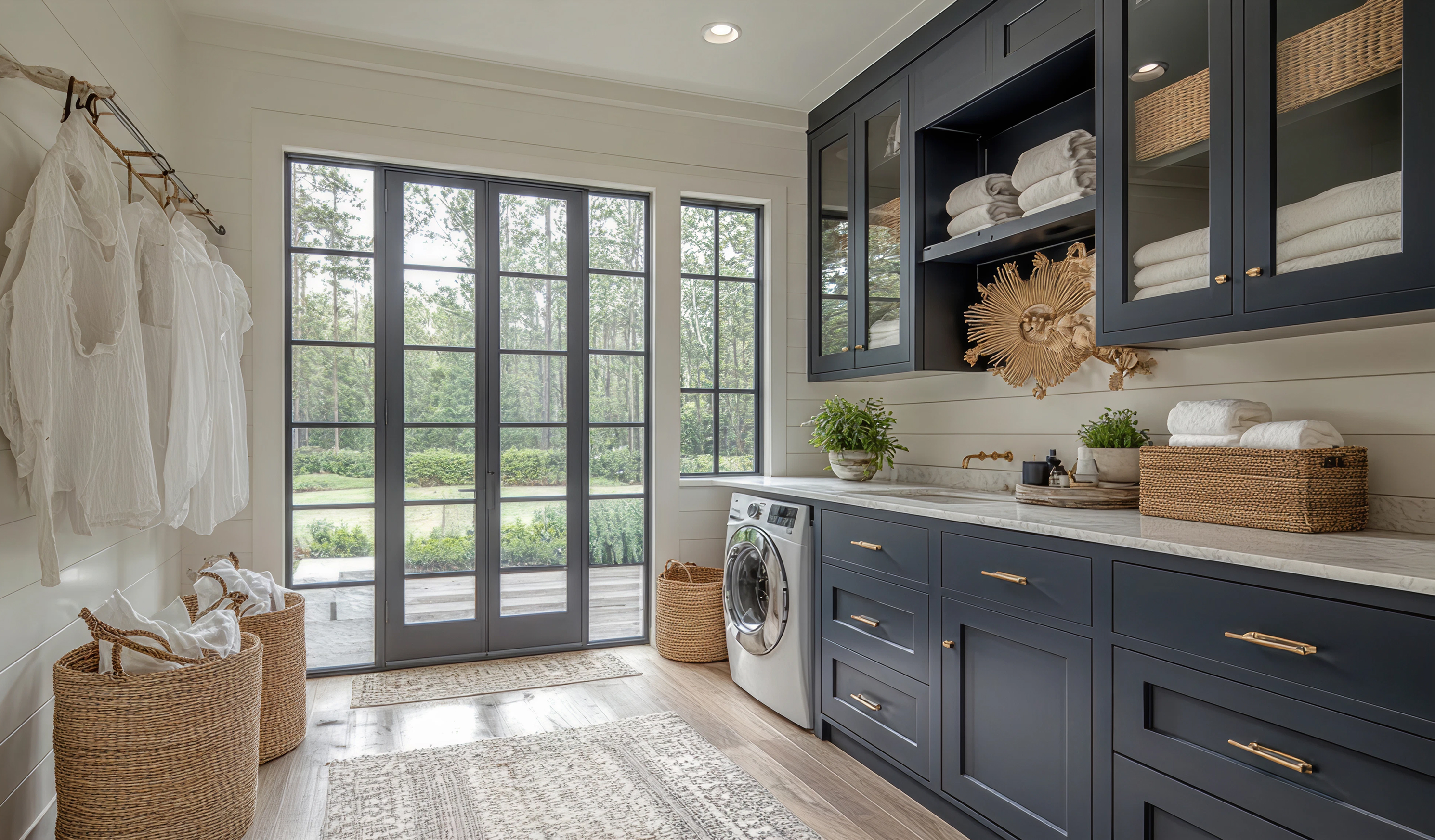 Laundry room cabinets with integrated baskets