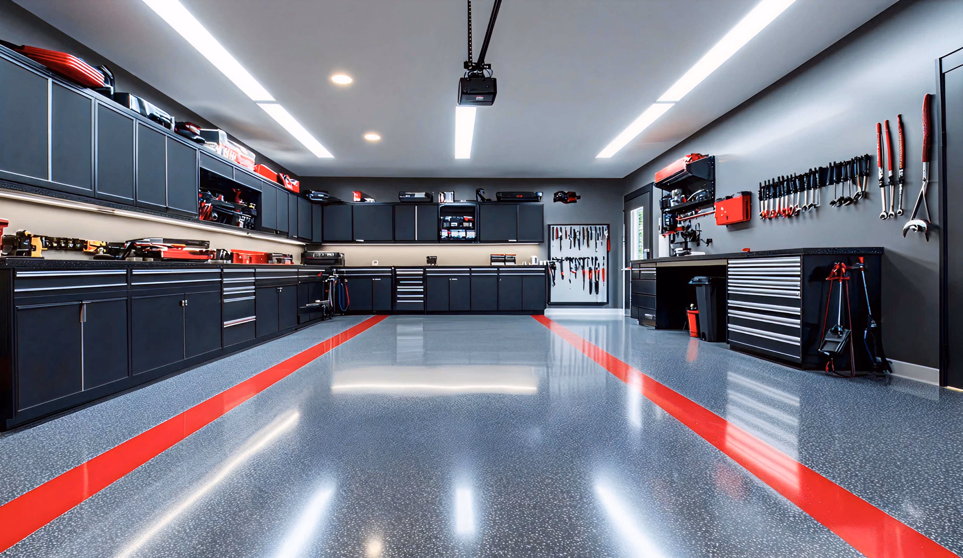 Modern garage with custom black cabinetry and tool storage