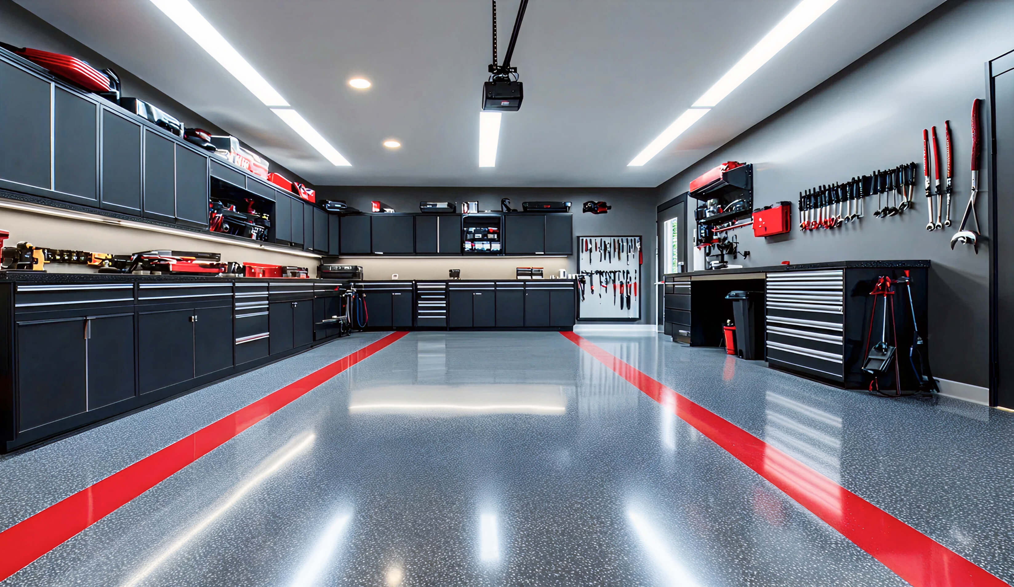Modern garage with custom black cabinetry and tool storage