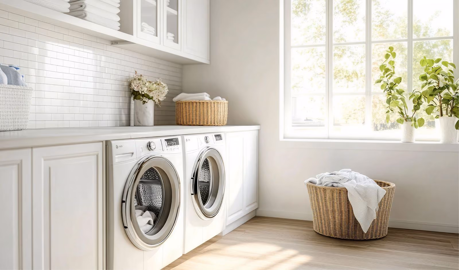 White cabinets in a laundry room