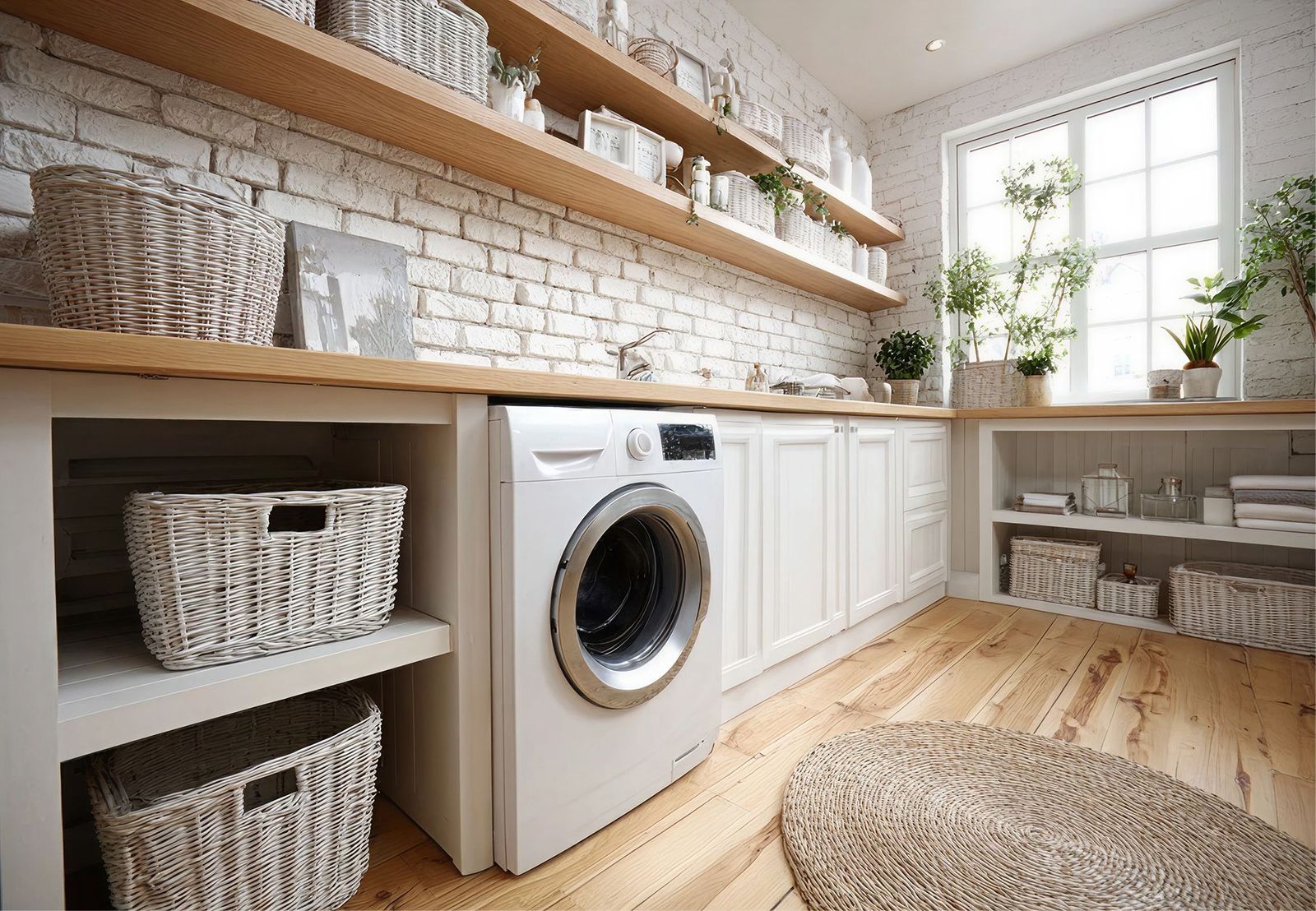 Custom white cabinets in a laundry room