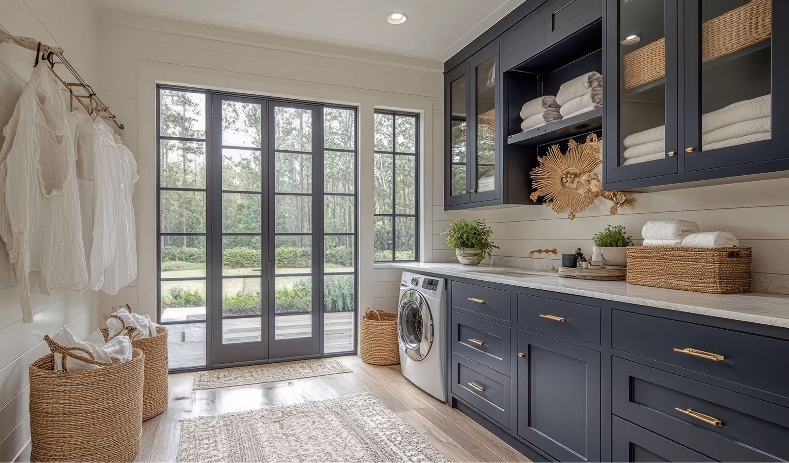 Custom white cabinets in a laundry room