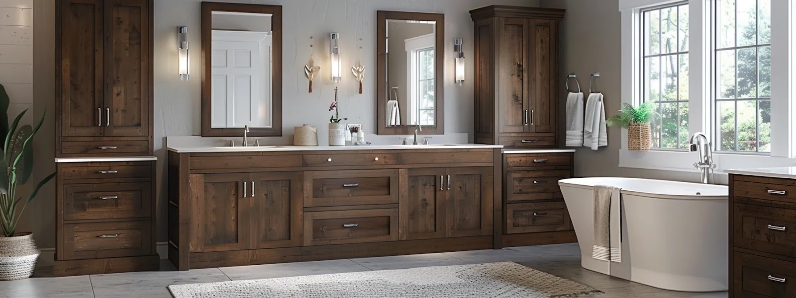 a sleek, modern bathroom showcases a stunning array of solid wood vanity cabinets, highlighting their rich textures and elegant finishes against a minimalist backdrop, illuminated with warm, ambient lighting for a luxurious feel.