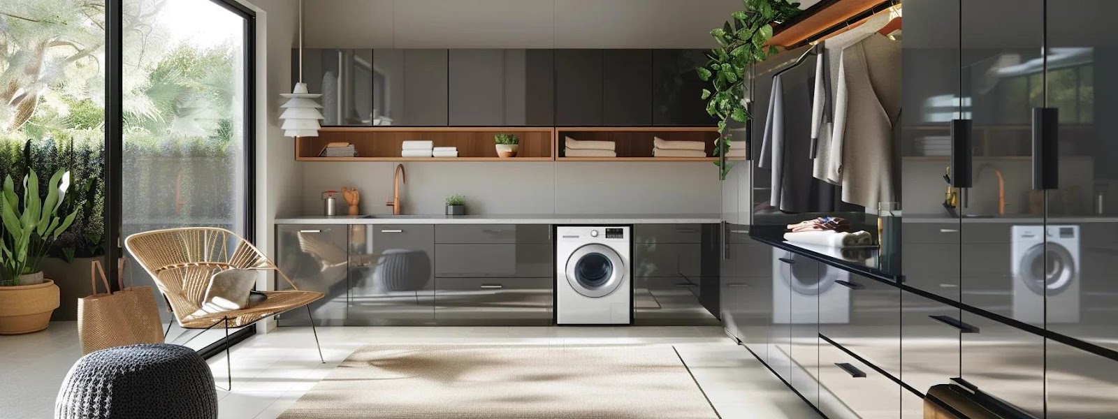 a sophisticated laundry room featuring sleek cabinetry with a variety of stylish finishes, showcasing modern high-gloss and matte options paired with elegant hardware such as polished metal knobs and minimalist pulls, all set against a well-lit, contemporary backdrop.