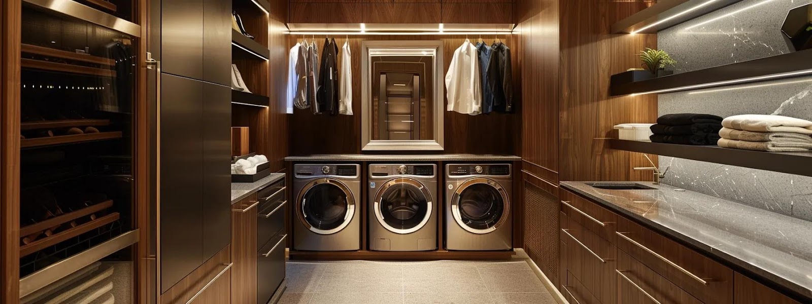 a sleek, modern laundry room showcases an array of cabinetry materials, including polished stainless steel, elegant solid wood, and versatile engineered wood, all arranged in a stylish layout with ambient lighting highlighting their distinct textures and finishes.