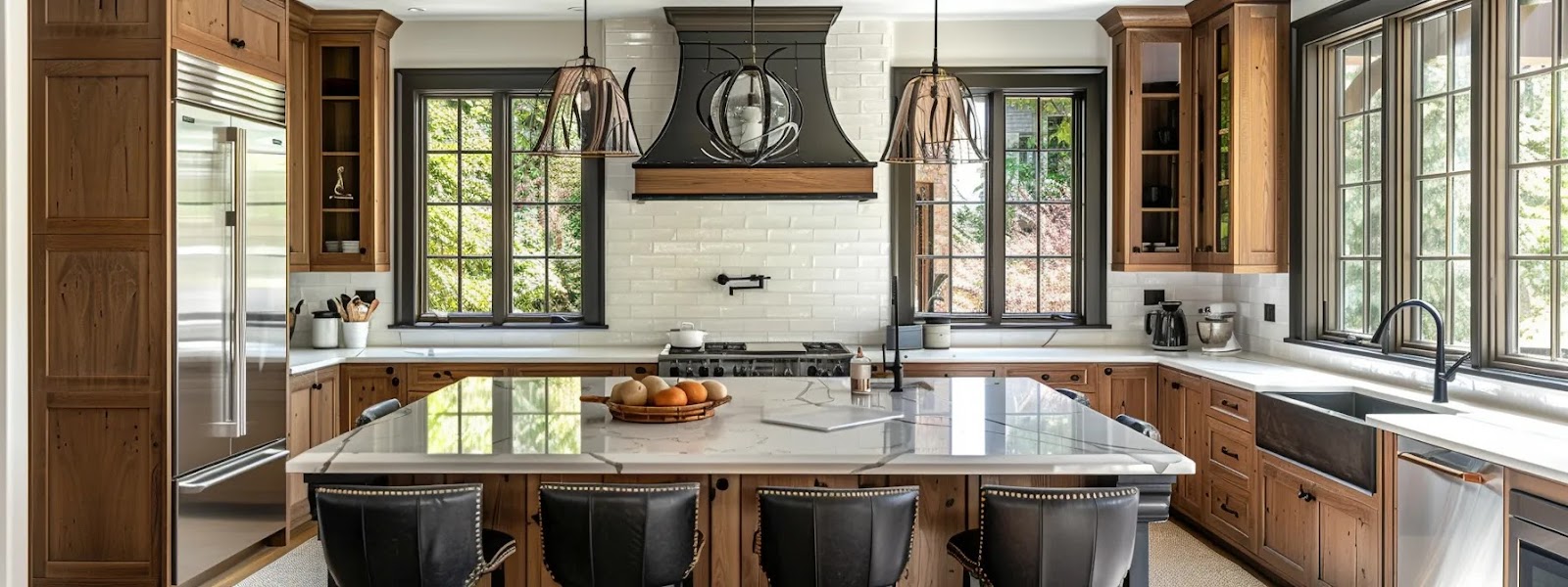 a beautifully designed custom kitchen showcases elegant cabinetry, featuring rich wood textures and modern fixtures, illuminated by warm, natural light to emphasize the harmony of style and functionality.