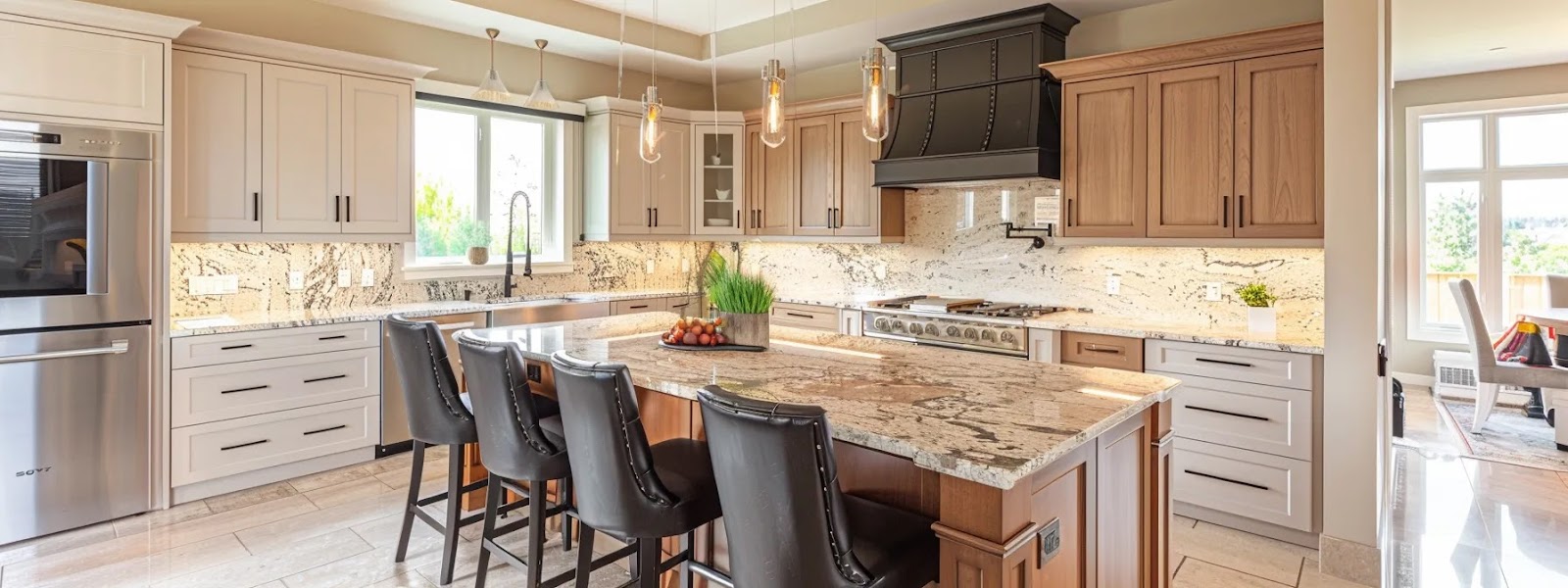 a beautifully designed kitchen showcases elegant custom cabinets crafted from solid maple, bathed in warm, natural light, highlighting the perfect blend of functionality and aesthetics for a budget-friendly renovation.