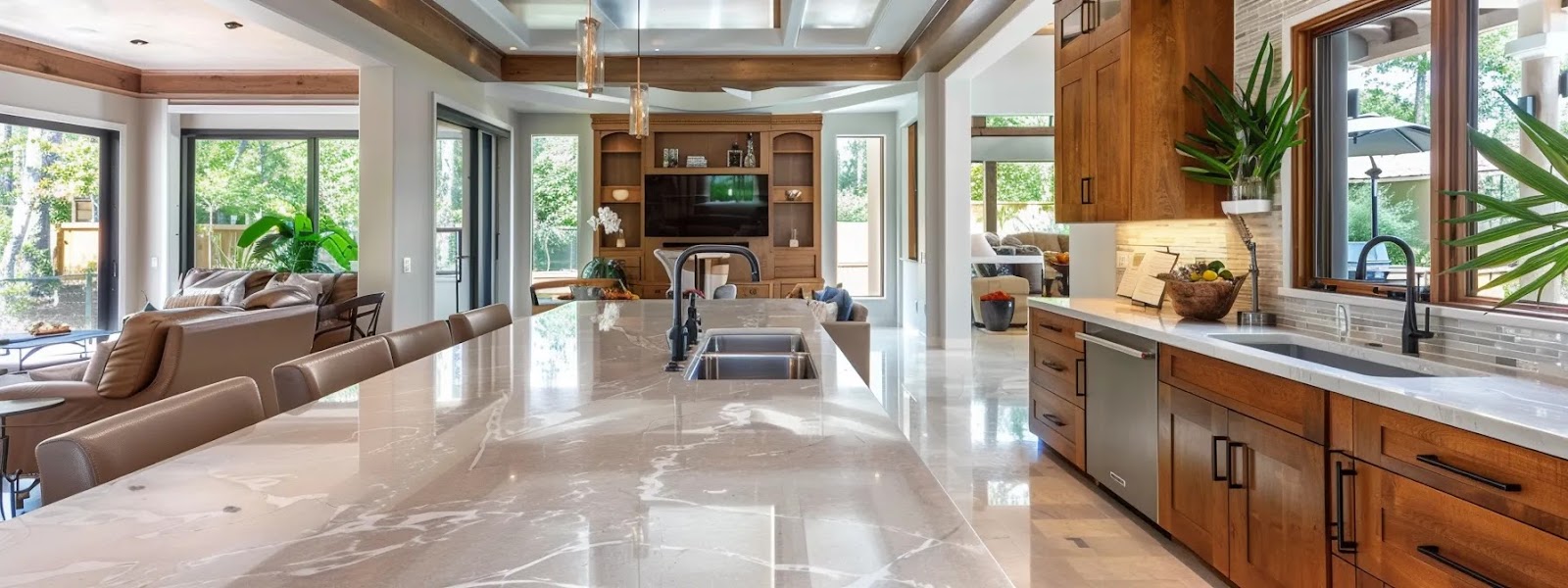 a beautifully designed custom kitchen showcases elegant quartz countertops and meticulously crafted cabinets, bathed in warm, natural light that highlights the rich textures and intricate finishes.