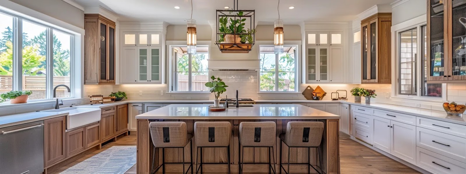 a beautifully organized kitchen showcases custom cabinets with sleek lines, accentuated by elegant countertops and carefully matched flooring, all bathed in soft, natural light streaming through a nearby window.