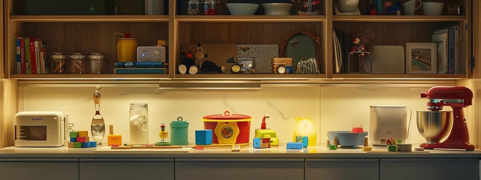 a modern kitchen showcases creatively child-proofed cabinets, featuring discreet velcro fasteners and sleek slide locks, with strategically arranged household items that deter young explorers while blending seamlessly with the stylish decor.