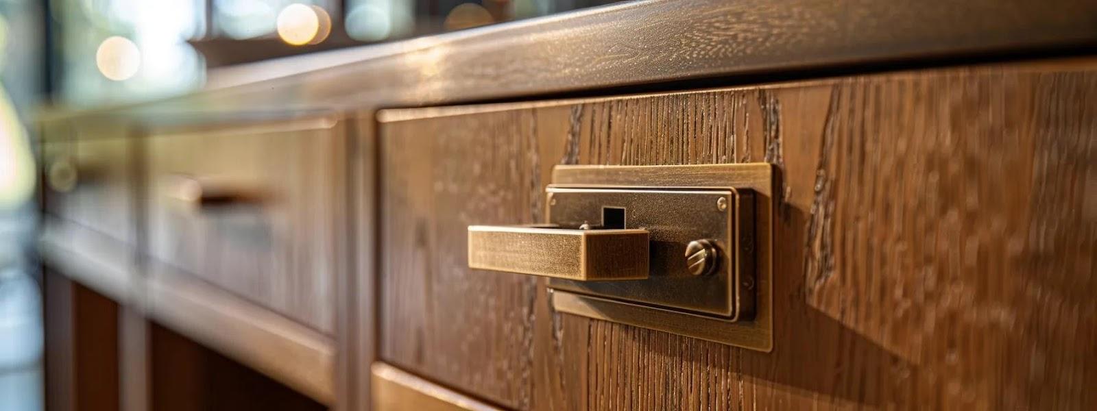 a sleek, modern kitchen showcases elegantly designed cabinets with hidden magnetic locks, emphasizing their inconspicuous functionality and seamless integration into the sophisticated decor.