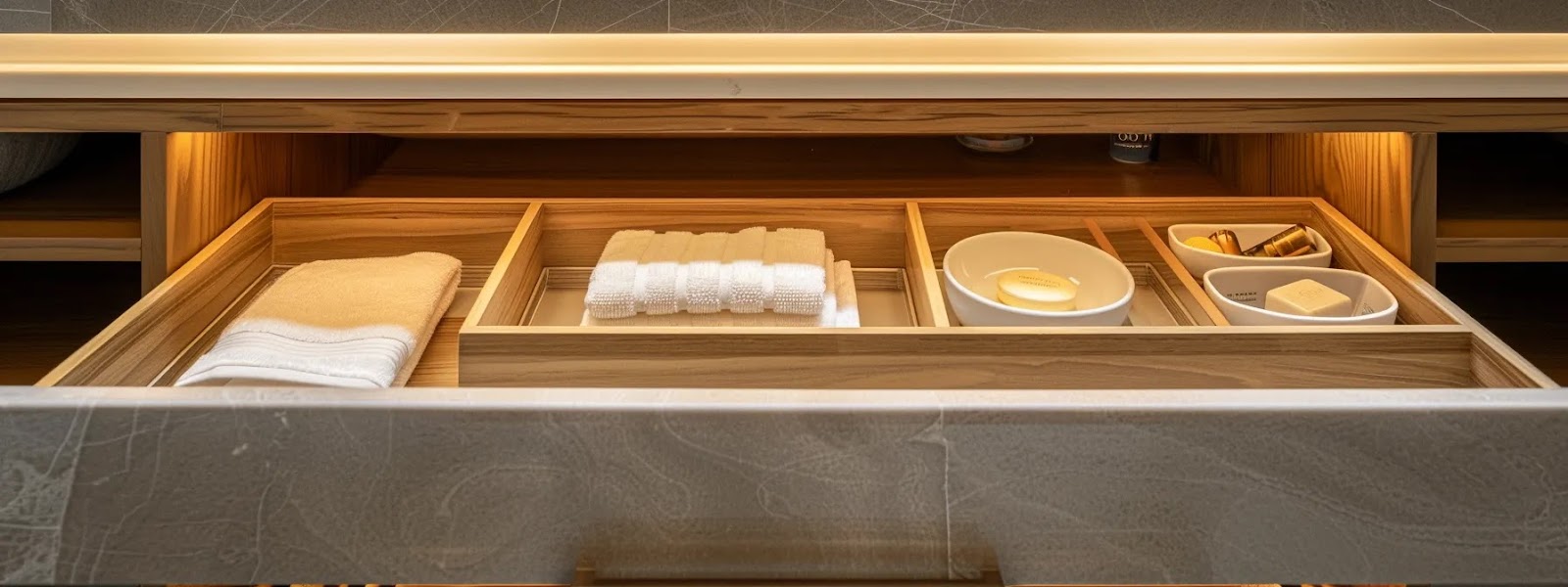 a sleek, modern bathroom showcases an elegantly designed custom cabinet with minimalist tray compartments and efficient shelving, emphasizing organized storage and a clean aesthetic that reflects contemporary design principles.