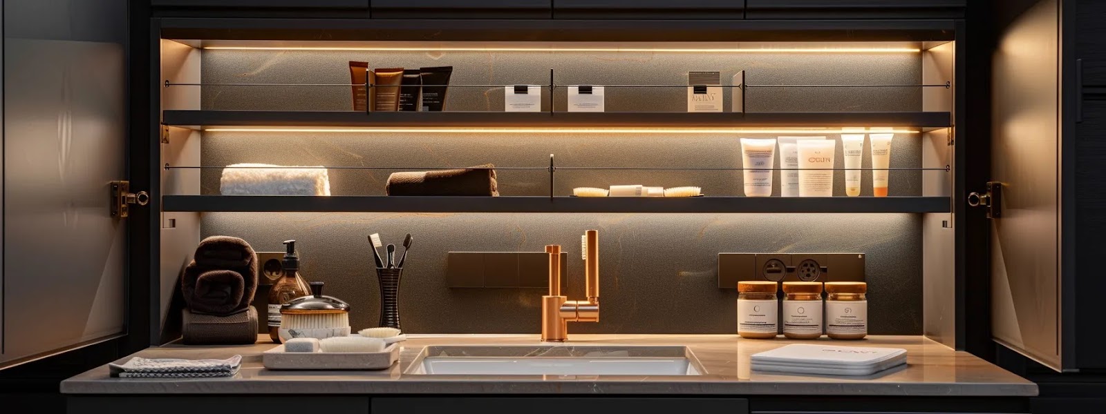 a sleek, modern bathroom cabinet interior showcases expertly organized compartments, featuring dedicated sections for brushes and rolled paper products, illuminated by soft, warm lighting to highlight the efficient use of space.