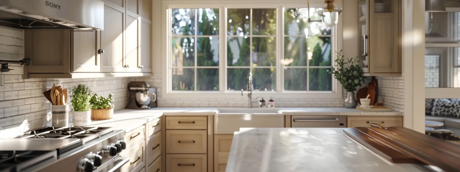 a sunlit kitchen showcases elegant custom cabinetry with ceramic finishes and modern steel accents, where natural light enhances the spacious atmosphere and highlights the seamless design with a butcher block countertop.