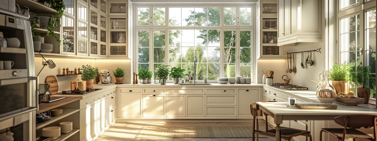 a sunlit kitchen features elegantly arranged cabinets near a large window, creating a harmonious balance of organized storage and vibrant daylight that enhances the room's simplicity and functionality.