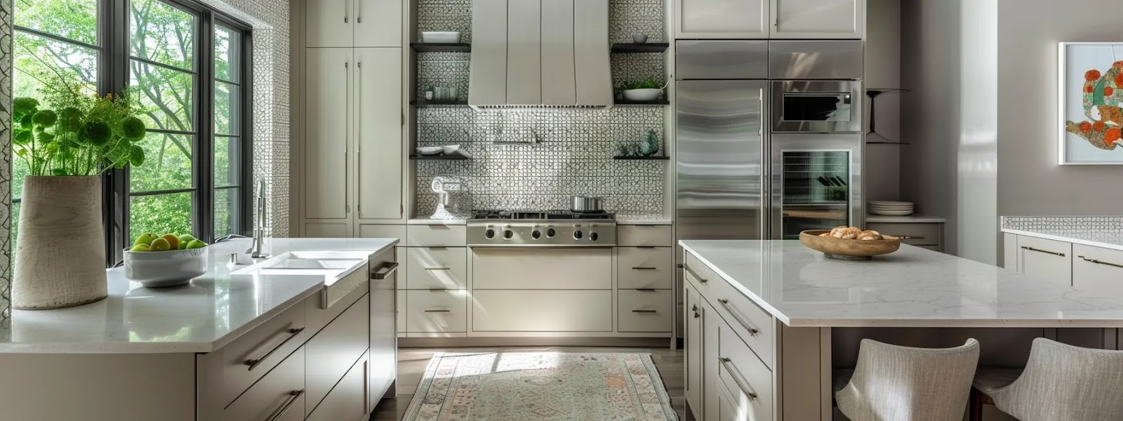 a serene kitchen showcases custom cabinetry in soft herb tones, accented with sleek metal finishes and structured tile-like patterns, creating a harmonious and inviting atmosphere.